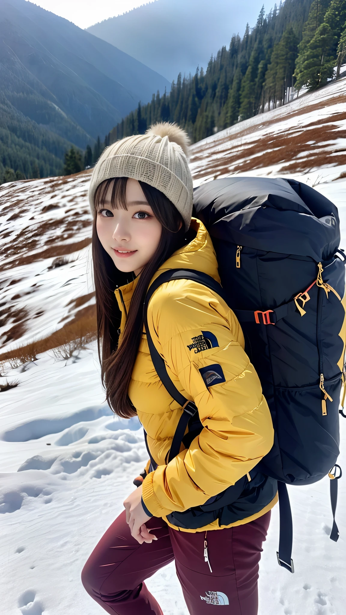 (Background, Magnificent snow mountain views):1.3, (snow mountain:1.37), (8k, RAW photo, best quality, masterpiece:1.2), (realistic, photo-realistic:1.37), ultra-detailed, high quality, professional lighting, physically-based rendering photo of 20 years woman, (1girl:1.3), (Japanese girl), (semi-long hair, dark brown hair), (high detailed skin:1.2), (ultra delicate face, ultra Beautiful fece, ultra delicate eyes, ultra detailed nose, ultra detailed mouth), (outdoor jacket(the north face), mountaineering, trekking-pants, knit hat), (Carrying a backpack), (Walking along a mountain trail), from the front side, full body shot