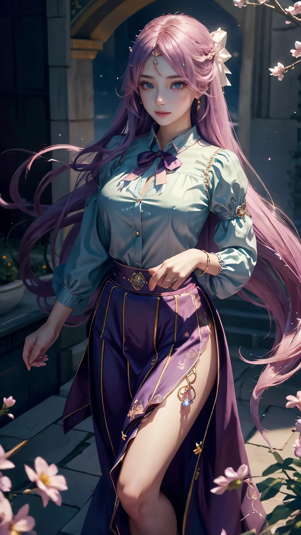1 girl, long_hair, bright_hair_Pretty_Eye, mystery_Express, Mature_appearance, charming_full outfit, flowing_skirt, elegant_jewelry, complex_decoration, magic_symbol, luminescent_Accessories, potion, pergaminhos, Lovely_accent, bow, ribbon, flowers,