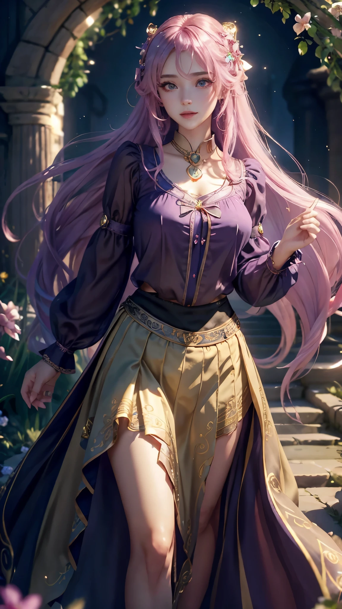 1 girl, long_hair, bright_hair_Pretty_Eye, mystery_Express, Mature_appearance, charming_full outfit, flowing_skirt, elegant_jewelry, complex_decoration, magic_symbol, luminescent_Accessories, potion, pergaminhos, Lovely_accent, bow, ribbon, flowers,