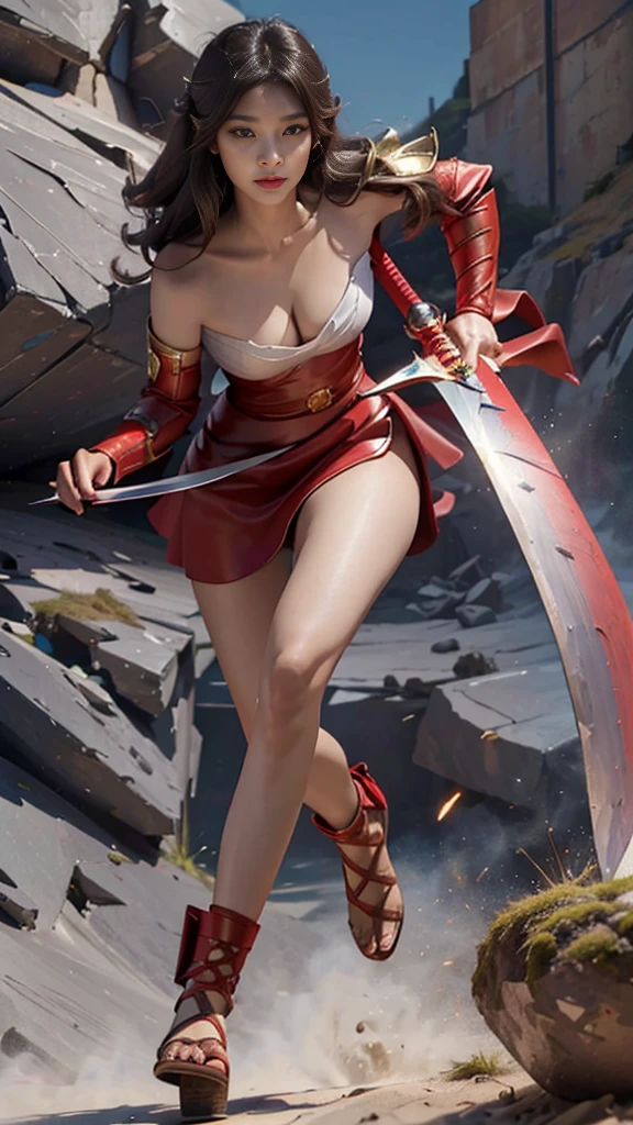 Woman in red silver dress, ((run)), Escape the monsters, Immersive art station, ศิลปะFantasyที่มีรายละเอียด, Amazing character art, Excellent and neat character art, beautiful armor, very detailed, red armor girl, Exquisite headdresses and ornaments, (best quality, 10, Masterpiece :1.3), (realistic, ภาพrealistic: 1.37), (1 girl), (Beautiful women between the ages of 18-20), (thin), (Focus on the slender abdomen.. :1.3), (Korea), (Pastel colored leather dress, Long red leather cloak, Long red leather cloak, Show your arms and shoulders., white leather skirt, short leather skirt, Emphasize her legs., High groove,), (รองเท้าHeel Height), (Random pose), Huge breasts, exposed cleavage, ((dark brown hair, long hair)), exquisite face, Open the show, Fantasy, Slender figure, Very smooth face, Good eyes, Double eyelids, (long hair, Random hairstyles), (big girl :1.3), (outdoor), (Extraordinarily detailed face), (Detailed eyes), (Double eyelids), (Eyeshadow makes eyelashes look thicker.......), obscure, (Long legs, Heel Height), (((Whole body))), (professional lighting), (Photon mapping), (Radiation), red armor girl, silver armor girl, ((Big Sword)), (Look directly at the audience.....), cliff scene, mountain, cave mouth, stone, Dungeon