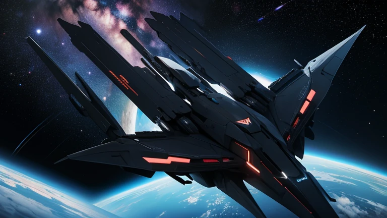 Create a wide photo illustration of a large, angular, and futuristic spaceship, inspired by the aesthetic of hard science fiction and using the Rule of Thirds. The ship should have sharp, defined edges with a design that emphasizes its aggressive and streamlined form. The hull should be adorned with a network of geometric panels, protrusions, and recessed lines, giving it a complex and modular appearance. The spacecraft is stationed in the midst of a starry nebula, with the cosmos stretching out in all directions, reflecting off its metallic surface. There should be other smaller ships or drones around it, hinting at a fleet or a convoy. The overall feel of the image should be one of deep space exploration or a strategic military presence in a distant star system.