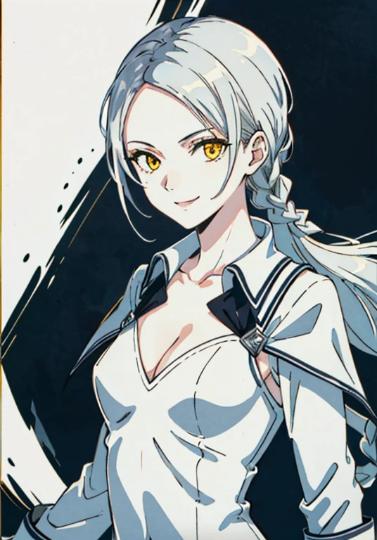 claymore (series),ophelia(claymore),1girl,Solo,pale white skin,silver hair,full forehead,swept back hair,hair pulled back,single braid,long and large braid,yellow eyes,white bodysuit,white gloves,Silver collarbone,pauldrons,evil smile