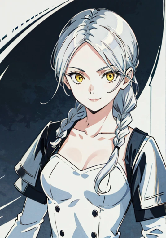 claymore (series),ophelia(claymore),1girl,Solo,pale white skin,silver hair,full forehead,swept back hair,hair pulled back,single braid,long and large braid,yellow eyes,white bodysuit,white gloves,Silver collarbone,pauldrons,evil smile