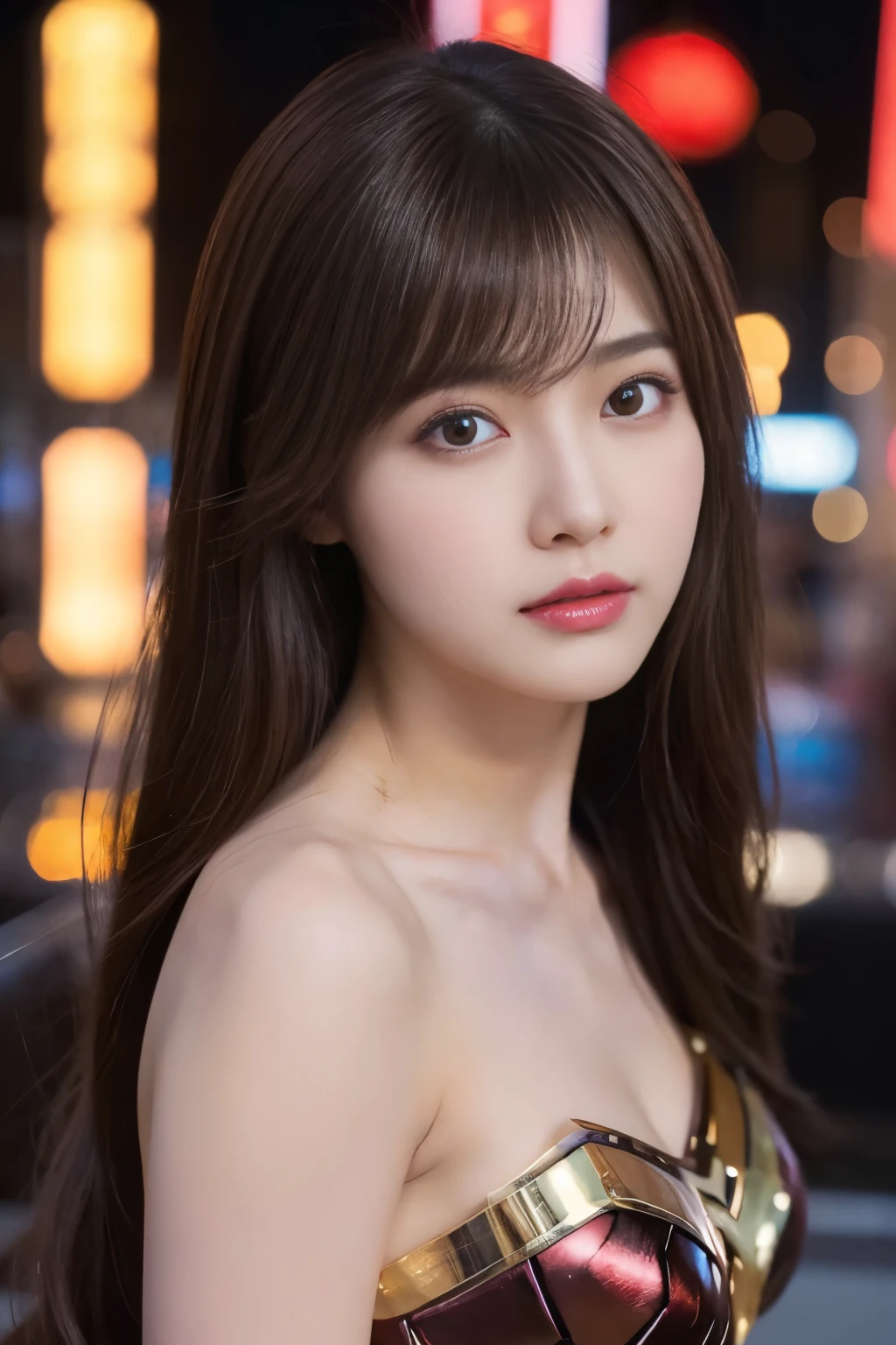 masterpiece、1 beautiful girl、fine eyes、puffy eyes、highest quality, 超High resolution, (reality: 1.4), movie lighting、Japanese、asian beauty、Korean、super beautiful、beautiful skin、body facing forward、close up of face、(超reality的な)、(High resolution)、(8K)、(very detailed)、(美しくfine eyes)、(Super detailed)、 (wall-)、detailed face、bright lighting、professional lighting、looking at the viewer、look straight ahead、slanted bangs、night view、brown hair、Nogizaka idol、korean idol、fiery idol pose、、25 years old、wonder woman cosplay