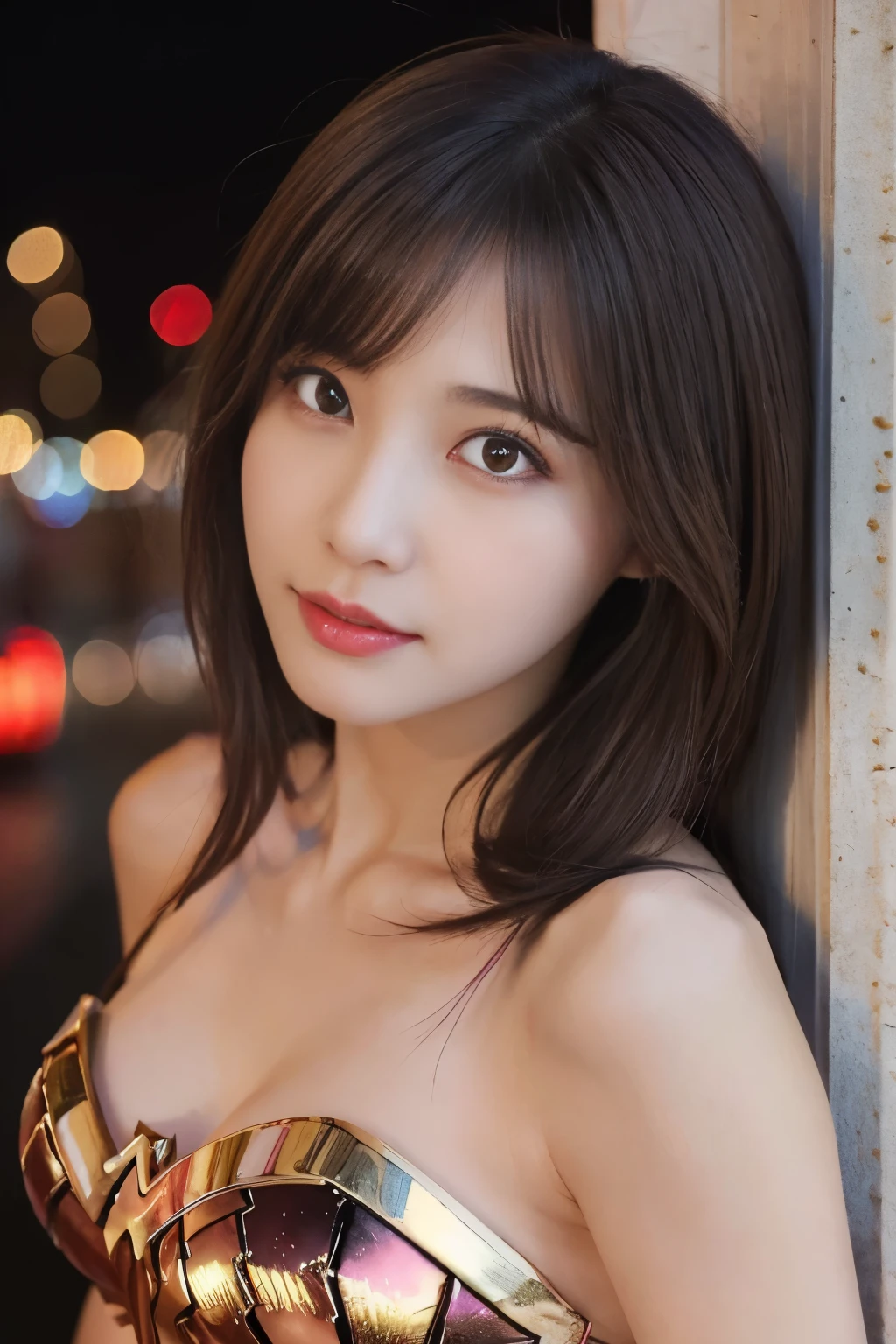 masterpiece、1 beautiful girl、fine eyes、puffy eyes、highest quality, 超High resolution, (reality: 1.4), movie lighting、Japanese、asian beauty、Korean、super beautiful、beautiful skin、body facing forward、close up of face、(超reality的な)、(High resolution)、(8K)、(very detailed)、(美しくfine eyes)、(Super detailed)、 (wall-)、detailed face、bright lighting、professional lighting、looking at the viewer、look straight ahead、slanted bangs、night view、brown hair、Nogizaka idol、korean idol、fiery idol pose、、25 years old、wonder woman cosplay