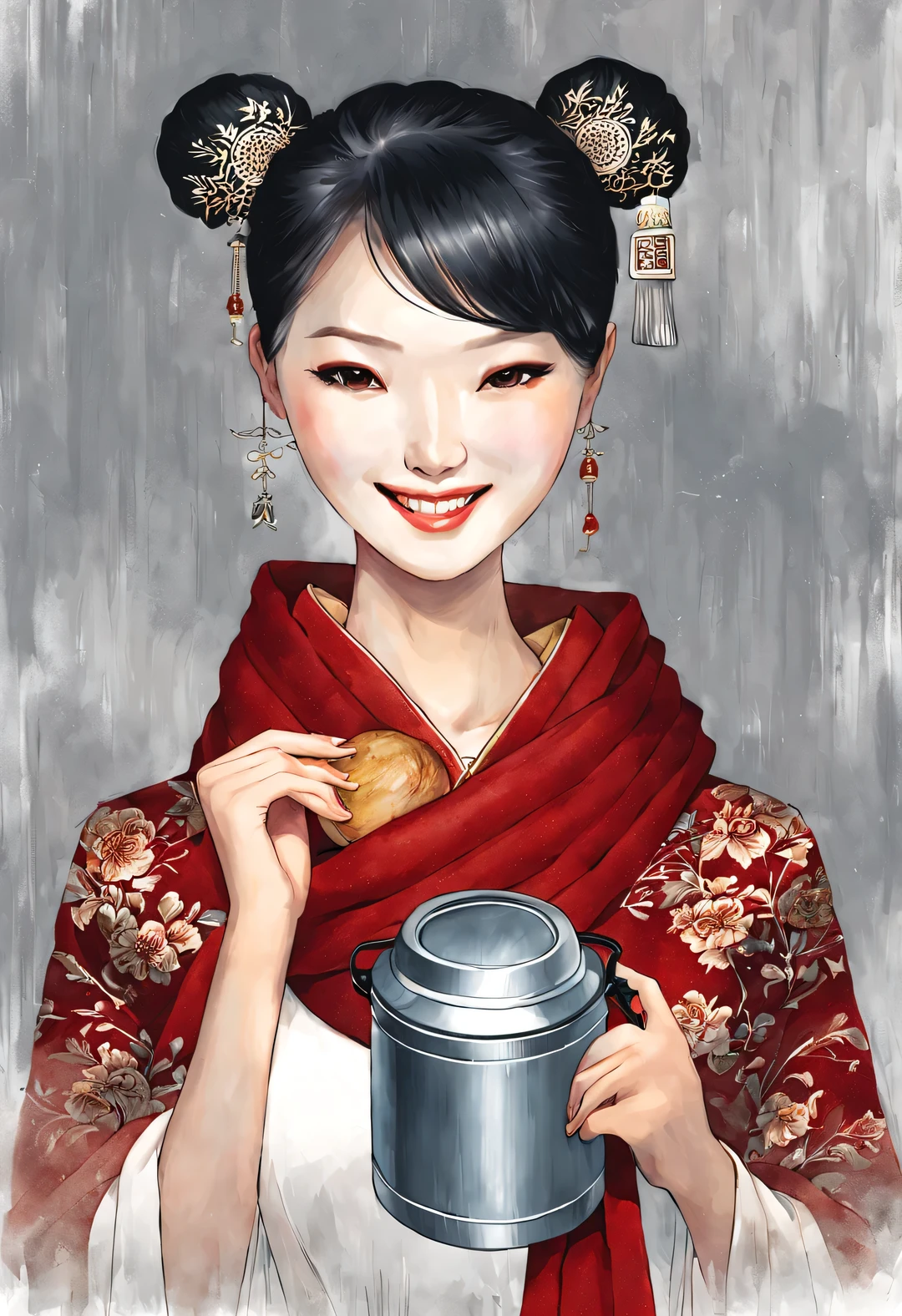 (Modern Art and Fashion Character Design), Very unified CG, (Half-length close-up), (Beautiful Chinese girl holding a thermal lunch box and smiling softly: 1.37), (Wrapped in a wide red woolen scarf: 1.0), (Wearing big sunglasses and bun: 0.95), Harmonious combination of classic and modern, (Dark blue sweater and jeans: 0.68), Modern and stylish clothing, Elegance, Girl fair and flawless smooth skin, high nose bridge, Head up posture, sad but beautiful, slender figure, Exquisite facial features, swirling fog illustration, ink painting, black hair, meatball head, Proud, Surrealism, contemporary art photography, action painting illustration, abstract expressionism, Pixar, depth of field, motion blur, backlight, radiation, decline, Head up angle, Sony FE General Manager, ultra high definition, masterpiece, accurate, textured skin, Super details, high detail, high quality, Award-winning, best quality, Level, 16k, Photographed from a bottom-up perspective, humor,