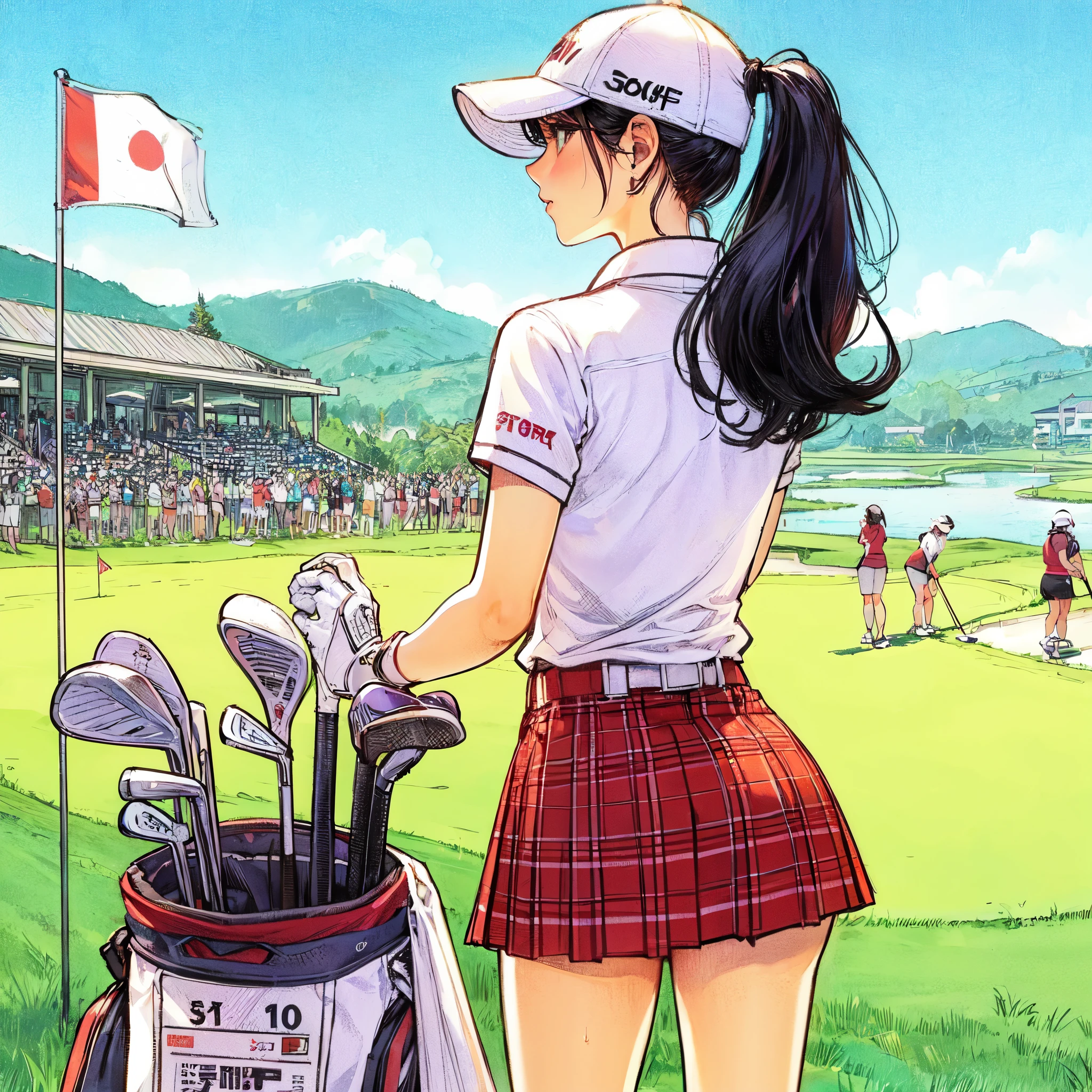 high quality,hd,16k,sharp line,1girl,female golf athlete ,skirt,cute face, large breasts, nice legs, sweat,in golf venue,focus girl,detailed beautiful face,detailed clothes,beautiful eyes,pretty,dynamic angle