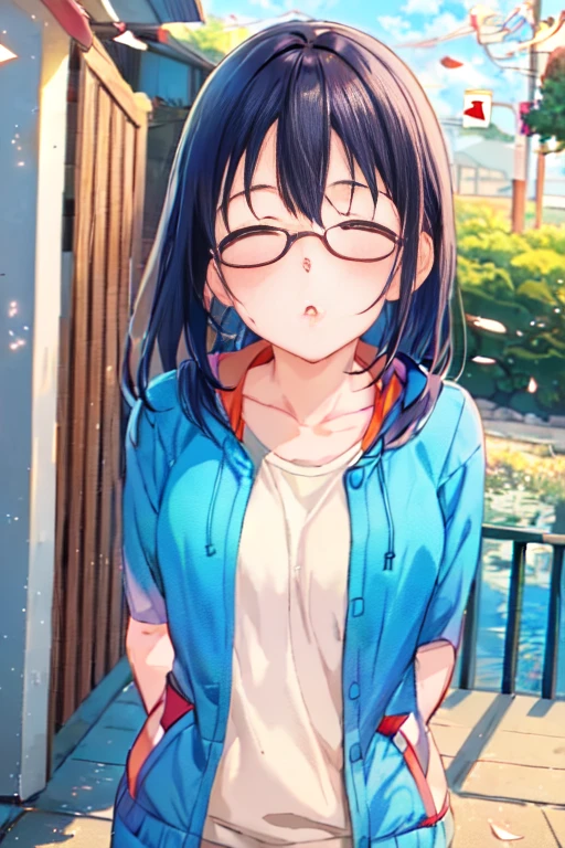 anime girl with glasses and a blue shirt standing on a dock, anime moe art style, Cute girl anime visual, nagatoro, Smooth anime CG art, Kantai Collection Style, cute anime girl, anime best girl, young anime girl, attractive anime girl, beautiful anime girl, pretty anime girl, with glasses, (anime girl), visual novel CG