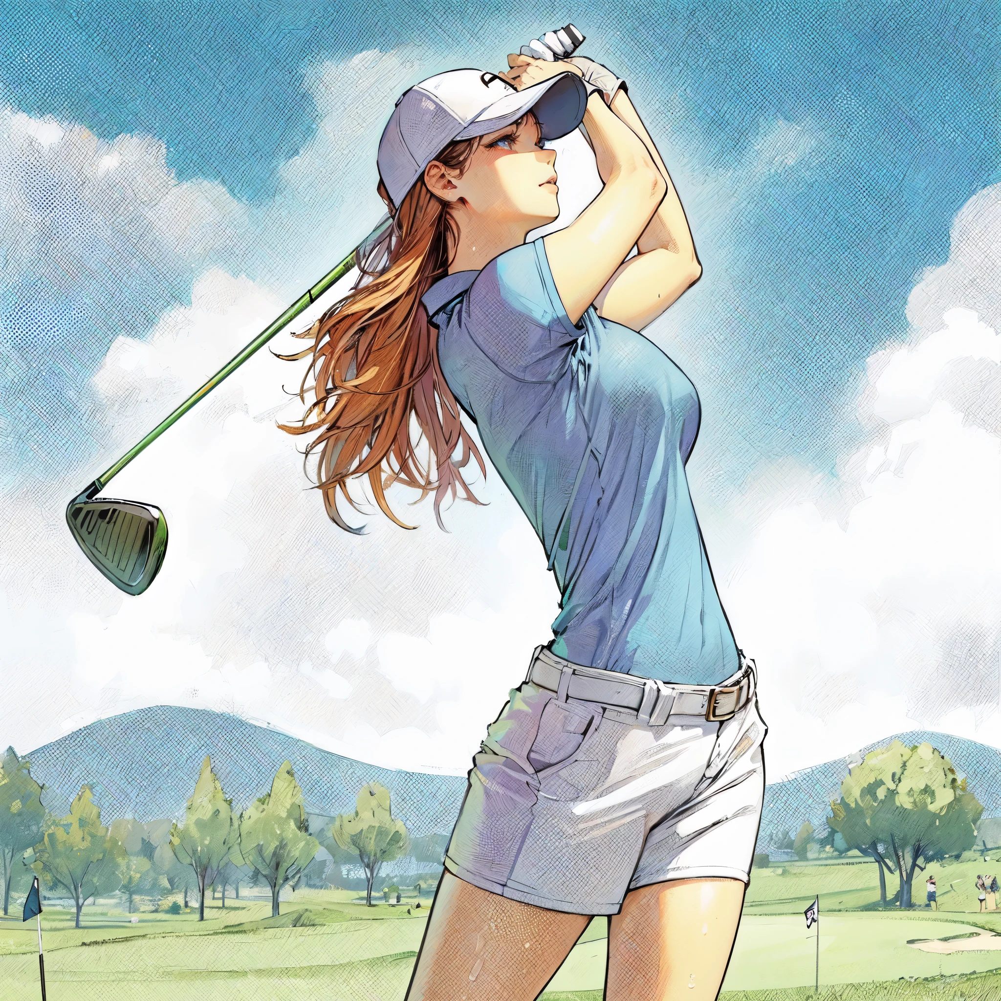high quality,hd,16k,sharp line,1girl,female golf athlete ,skirt,cute face, large breasts, nice legs, sweat,in golf venue,focus girl,detailed beautiful face,detailed clothes,beautiful eyes,pretty,dynamic angle
