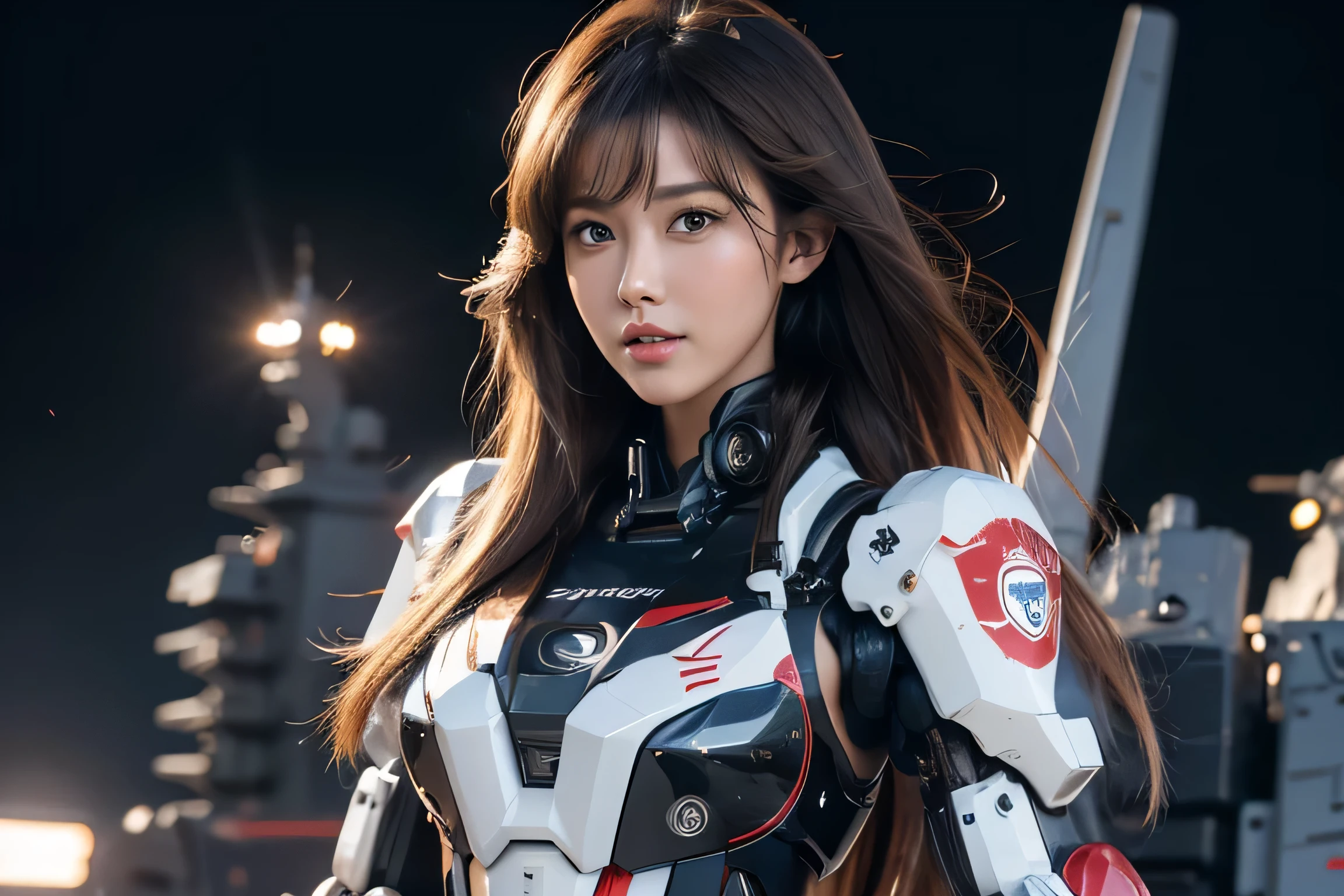 (masterpiece:1.2), Super detailed, ultra high resolution, (realistic, photo realistic:1.37), High-definition RAW color photos, professional photos, highly detailed face, very fine eyes, highly detailed skin, very fine fingers, highly detailed nose, highly detailed mouth, perfect anatomy, highly detailed background, (famous japanese actress:1.2), (Improve:1.2), (flat chest), brown race, black skin, (full_body), (Mecha clothes:1.3), robot girl, Mecha, (aircraft carrier flight deck:1.3),