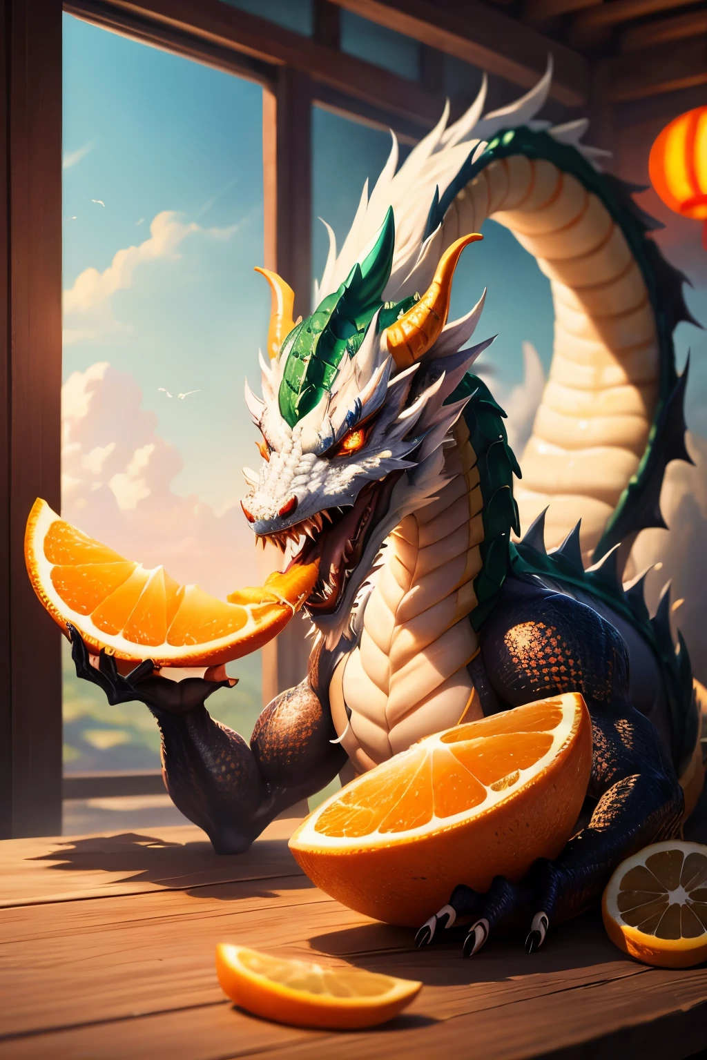 Chinese dragon 8k HD eating sugar orange