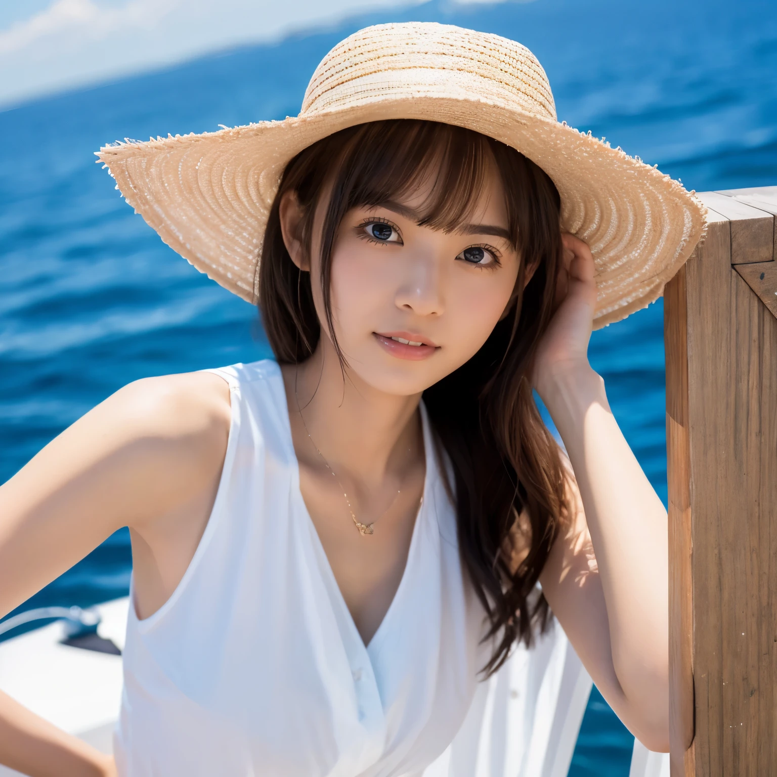 Highest image quality,highest quality,best quality,masterpiece,4k,8k,japanese girl, Ship sailing, On a yacht, Beautiful background,Fashionable summer fashion