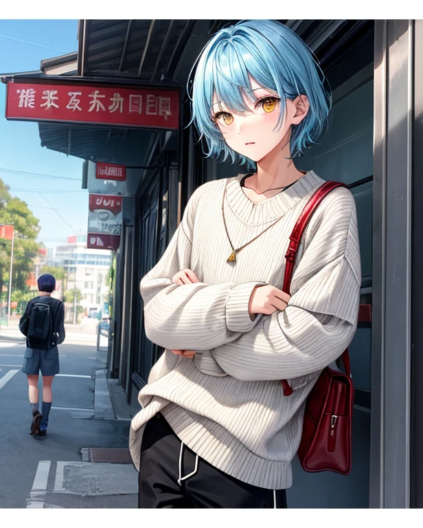 light blue hair、White knitwear、black pants、neutral face、short hair、Military hand、yellow eyes、human、cool、(male)、Jumper