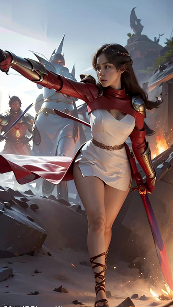 Woman in red silver dress, ((run)), Fight monsters, Immersive art station, ศิลปะFantasyที่มีรายละเอียด, Amazing character art, Excellent and neat character art, beautiful armor, very detailed, red armor girl, Exquisite headdresses and ornaments, (best quality, 10, Masterpiece :1.3), (realistic, ภาพrealistic: 1.37), (1 girl), (Beautiful women between the ages of 18-20), (thin), (Focus on the slender abdomen.. :1.3), (Korea), (Pastel colored leather dress, Long red leather cloak, Long red leather cloak, Show your arms and shoulders., white leather skirt, short leather skirt, Emphasize her legs., High groove,), (รองเท้าHeel Height), (Random pose), Huge breasts, exposed cleavage, ((dark brown hair, long hair)), exquisite face, Open the show, Fantasy, Slender figure, Very smooth face, Good eyes, Double eyelids, (long hair, Random hairstyles), (big girl :1.3), (outdoor), (Extraordinarily detailed face), (Detailed eyes), (Double eyelids), (Eyeshadow makes eyelashes look thicker.......), obscure, (Long legs, Heel Height), (((Whole body))), (professional lighting), (Photon mapping), (Radiation), red armor girl, silver armor girl, ((Big Sword in hand)), (Look directly at the audience.....), cliff scene, mountain, cave mouth, stone, Dungeon
