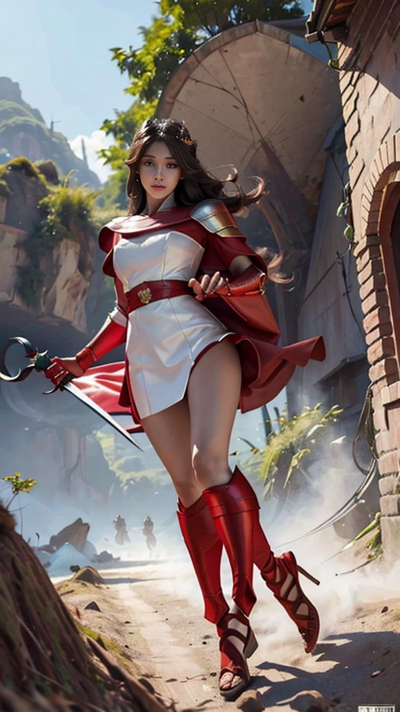 Woman in red silver dress, ((run)), Fight monsters, Immersive art station, ศิลปะFantasyที่มีรายละเอียด, Amazing character art, Excellent and neat character art, beautiful armor, very detailed, red armor girl, Exquisite headdresses and ornaments, (best quality, 10, Masterpiece :1.3), (realistic, ภาพrealistic: 1.37), (1 girl), (Beautiful women between the ages of 18-20), (thin), (Focus on the slender abdomen.. :1.3), (Korea), (Pastel colored leather dress, Long red leather cloak, Long red leather cloak, Show your arms and shoulders., white leather skirt, short leather skirt, Emphasize her legs., High groove,), (รองเท้าHeel Height), (Random pose), Huge breasts, exposed cleavage, ((dark brown hair, long hair)), exquisite face, Open the show, Fantasy, Slender figure, Very smooth face, Good eyes, Double eyelids, (long hair, Random hairstyles), (big girl :1.3), (outdoor), (Extraordinarily detailed face), (Detailed eyes), (Double eyelids), (Eyeshadow makes eyelashes look thicker.......), obscure, (Long legs, Heel Height), (((Whole body))), (professional lighting), (Photon mapping), (Radiation), red armor girl, silver armor girl, ((Big Sword in hand)), (Look directly at the audience.....), cliff scene, mountain, cave mouth, stone, Dungeon