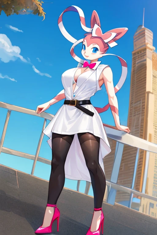 ((Sylveon)), anthropomorphic, big boobs, big ass, pokemorph, (((1girl))), (((white sleeveless flowing dress)), (pink cropped short sleeved jacket), (black belt), (black stockings) cute and sexy, (pink heels), slender, white skin, long legs
