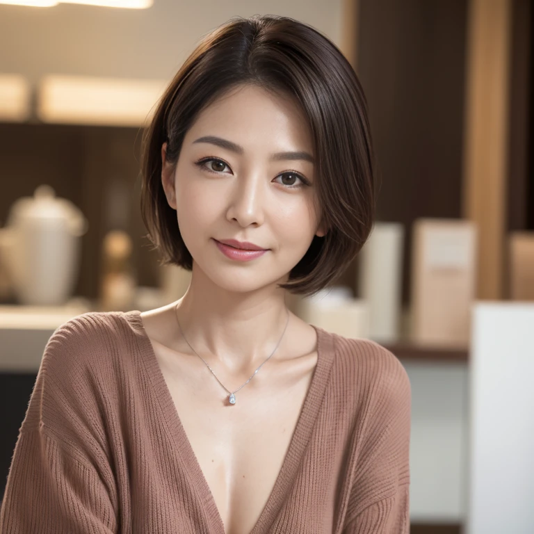 (8K, highest quality, masterpiece:1.3, Super high resolution, surreal), high detail, (lifelike face), Photoreal, Raw photo, ((一人のbeautiful女性)), detailed face, beautiful目, realistic eyes, Eyes in beautiful Details, (skin that looks real), beautiful skins, attractive, Depth of bounds written, High resolution, High pixel count, ((Sideways face, look away, Don't look into the viewer's eyes, Don't look at the camera)), stylish cafe, The background is also visible in the photo, clear details, clear pictures, natural color reproduction, noise reduction, high fidelity, Small pendant in silver color, A small necklace in silver color, (Light knit U-neck shirt in wine color, Neat and clean clothes, Clothing that makes it difficult to see the chest, Clothing that makes it difficult to see the chest, Clothes with hidden breasts), small breasts, sexy lips, I can see your ears, laughter, smile gently, beautiful skins, attractive, golden ratio, (detail makeup:1.2), professional lighting, Illuminate your face, best light, Japanese, japanese woman, 日本のmature woman, mature woman, short bob hair, ((60 years old, beautiful, facial wrinkles, wrinkles around the eyes, Nasolabial fold wrinkles, Small wrinkles, beautiful, beautiful Aunt, Medium mole, Small moles on the face))