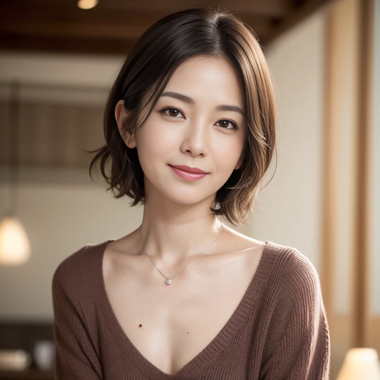 (8K, highest quality, masterpiece:1.3, Super high resolution, surreal), high detail, (lifelike face), Photoreal, Raw photo, ((一人のbeautiful女性)), detailed face, beautiful目, realistic eyes, Eyes in beautiful Details, (skin that looks real), beautiful skins, attractive, Depth of bounds written, High resolution, High pixel count, ((Sideways face, look away, Don't look into the viewer's eyes, Don't look at the camera)), stylish cafe, The background is also visible in the photo, clear details, clear pictures, natural color reproduction, noise reduction, high fidelity, Small pendant in silver color, A small necklace in silver color, (Light knit U-neck shirt in wine color, Neat and clean clothes, Clothing that makes it difficult to see the chest, Clothing that makes it difficult to see the chest, Clothes with hidden breasts), small breasts, sexy lips, I can see your ears, laughter, smile gently, beautiful skins, attractive, golden ratio, (detail makeup:1.2), professional lighting, Illuminate your face, best light, Japanese, japanese woman, 日本のmature woman, mature woman, short bob hair, ((60 years old, beautiful, facial wrinkles, wrinkles around the eyes, Nasolabial fold wrinkles, Small wrinkles, beautiful, beautiful Aunt, Medium mole, Small moles on the face))