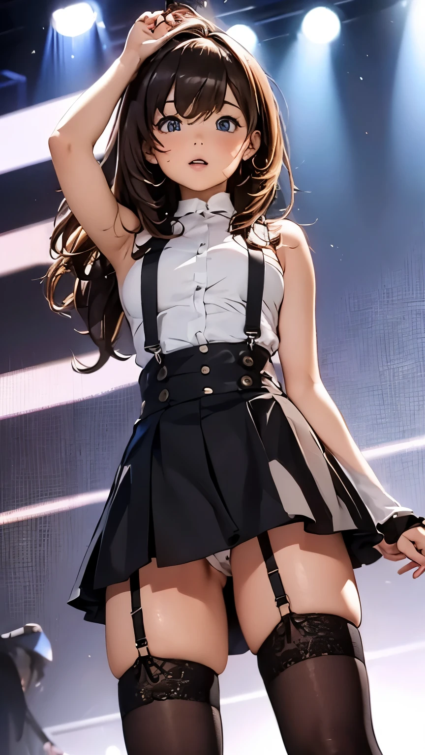 brown hair、looking at the viewer suspenders bulging big tits black mini skirt garter belt knee high socks sight small face bangs Beautiful woman raise your hand sight black boots provocation armpit sweat I fold your hands behind your back belt tank top nipple