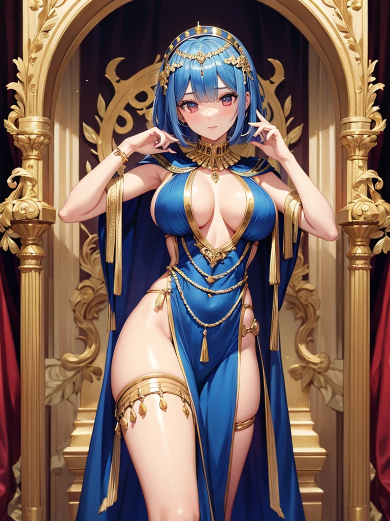 masterpiece, best quality, ultra-detailed,
1girl,rem,re zero, dark blue hair, Short hair,
Cleopatra's Enchantment
Egyptian Gown,A floor-length
form-fitting gown made ofluxurious
fabrics like silk or satin, with a daring high
slit to accentuate the legs
Add a sheer, gold-draped cape that flows
behind, exuding regal allure reminiscent
of Cleopatra
Enhance the look with an embellished
gold collar necklace and an ornate
headpiece, reflecting the opulence of
Egyptian royalty
Complete the ensemble with strappy
gold sandals that complement the overall
seductive style,(cowboy shot),