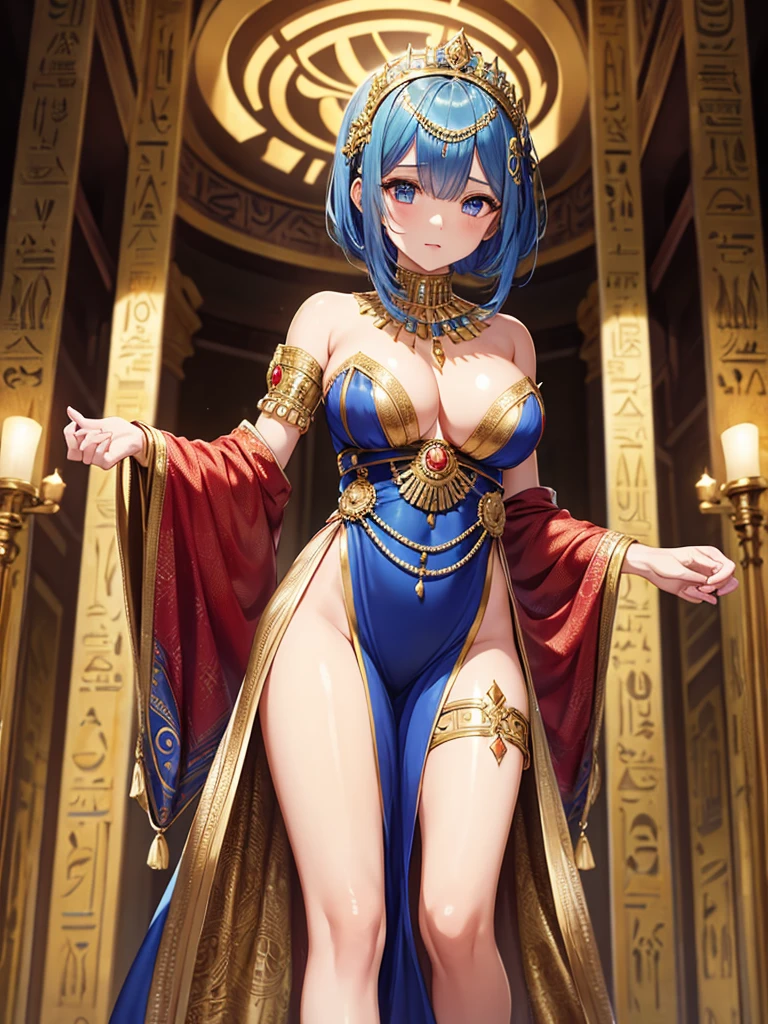 masterpiece, best quality, ultra-detailed, 
1girl,rem,re zero, dark blue hair, Short hair, 
Cleopatra's Enchantment
Egyptian Gown,A floor-length
form-fitting gown made ofluxurious
fabrics like silk or satin, with a daring high
slit to accentuate the legs
Add a sheer, gold-draped cape that flows
behind, exuding regal allure reminiscent
of Cleopatra
Enhance the look with an embellished
gold collar necklace and an ornate
headpiece, reflecting the opulence of
Egyptian royalty
Complete the ensemble with strappy
gold sandals that complement the overall
seductive style,(cowboy shot), 