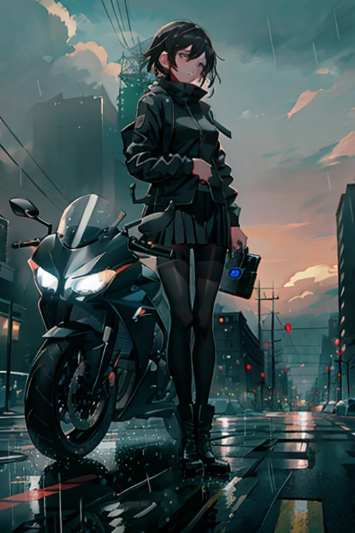 F:\\AIxunlianji\\SWAV\\10 SWAV, motor vehicle, rain, black jacket, jacket , multiple girls, skirt, 2girls, thighhighs, outdoors , black skirt, ground vehicle, open jacket, black hair , building, pantyhose, standing, open clothes, motorcycle, white shirt, shirt, black footwear, hair between eyes, boots, breasts, skyscraper, pleated skirt, grey eyes, bangs, medium breasts , short hair, looking at viewer, long sleeves, gun, crossed arms, cityscape, parted lips, grey hair, city, wand, staff , grey sky, full body, zettai ryouiki, closed mouth, belt   wand ,scenery, sky, cloud, outdoors, sunset, cloudy sky, building, power lines, cityscape, city, utility pole, crane (machine), gradient sky 
///////////  