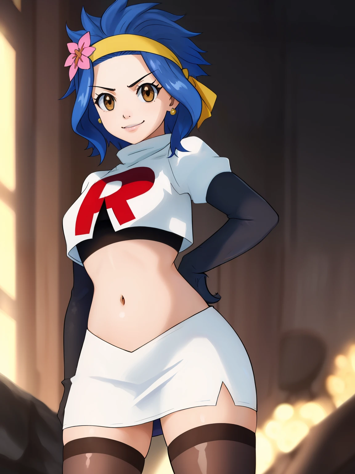 1girl, solo ,LEVY MCGARDEN, (BROWN EYES:1.35), BLUE HAIR, SHORT HAIR, SIDELOCKS, HEADBAND ,HAIR FLOWER ,glossy lips, eye shadow ,earings ,team rocket uniform, red letter R, white skirt,white crop top,black thigh-high boots, black elbow gloves, closed mouth, evil smile, sexy poses