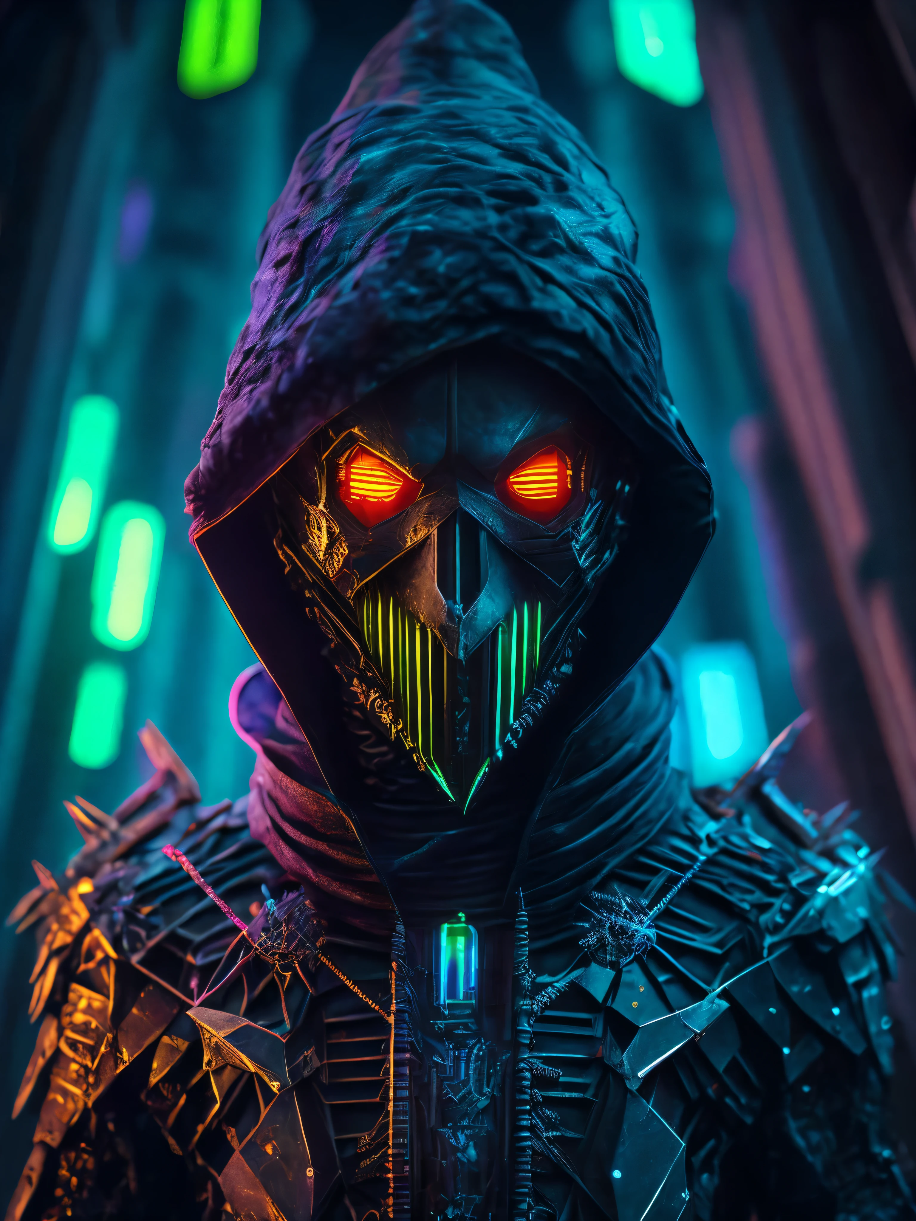 Grim portrait of the DC Scarecrow with intricate angular cybernetic implants inside a brutalist building, gothic brutalist cathedral, cyberpunk, Foto premiada, Bokeh, coloured Neon lights in the background, cybernetic limb