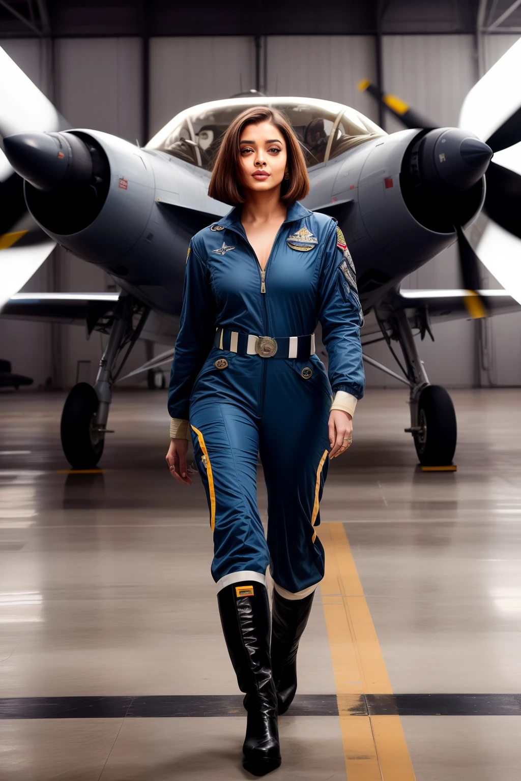 Aishwarya rai as fighter pilot, grey plain pilot uniform, high boots, posing in catwalk in hanger, day scene,  hourglass figure, look at camera (((winking eye))), ((bob cut hair)), sexy 50 yo MILF, soft volumetric lights, intricate details, (ArtStation:1.2)