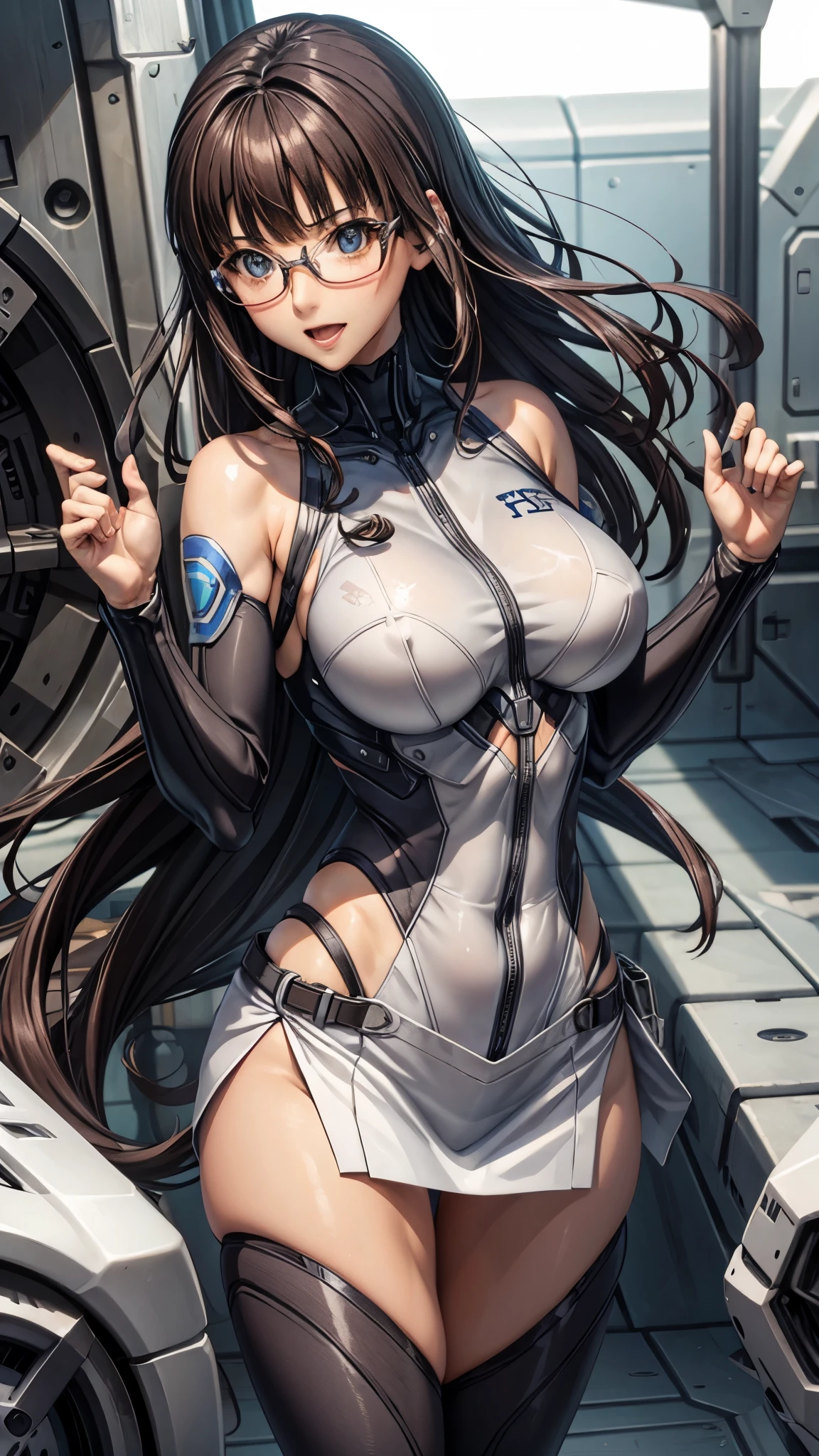 woman,20-year-old,,city,night,white tight miniskirt bodysuit,(Harada Makoto),open mouth smile((See-through))glasses,((long hair))