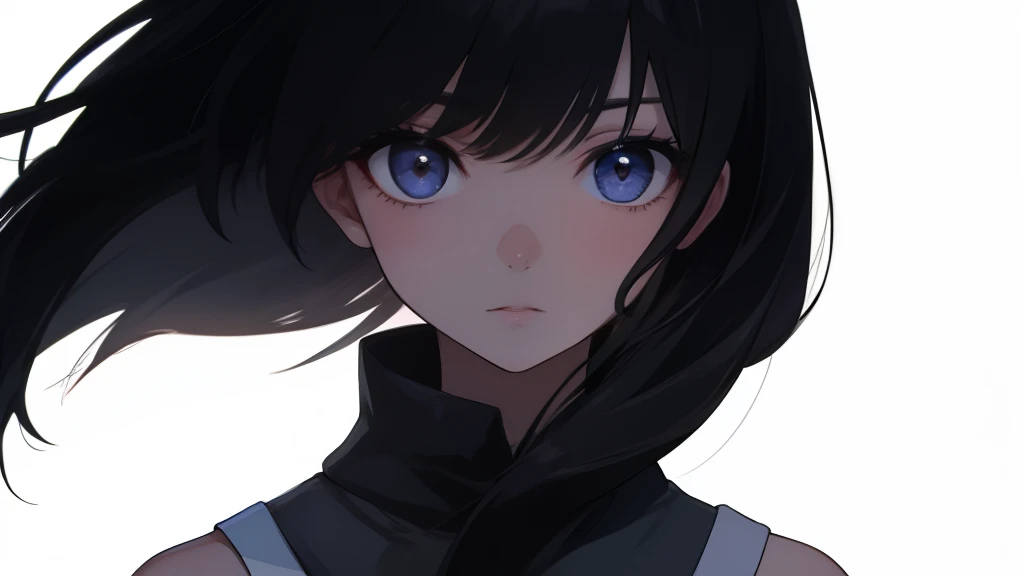 black haired woman、looking here
