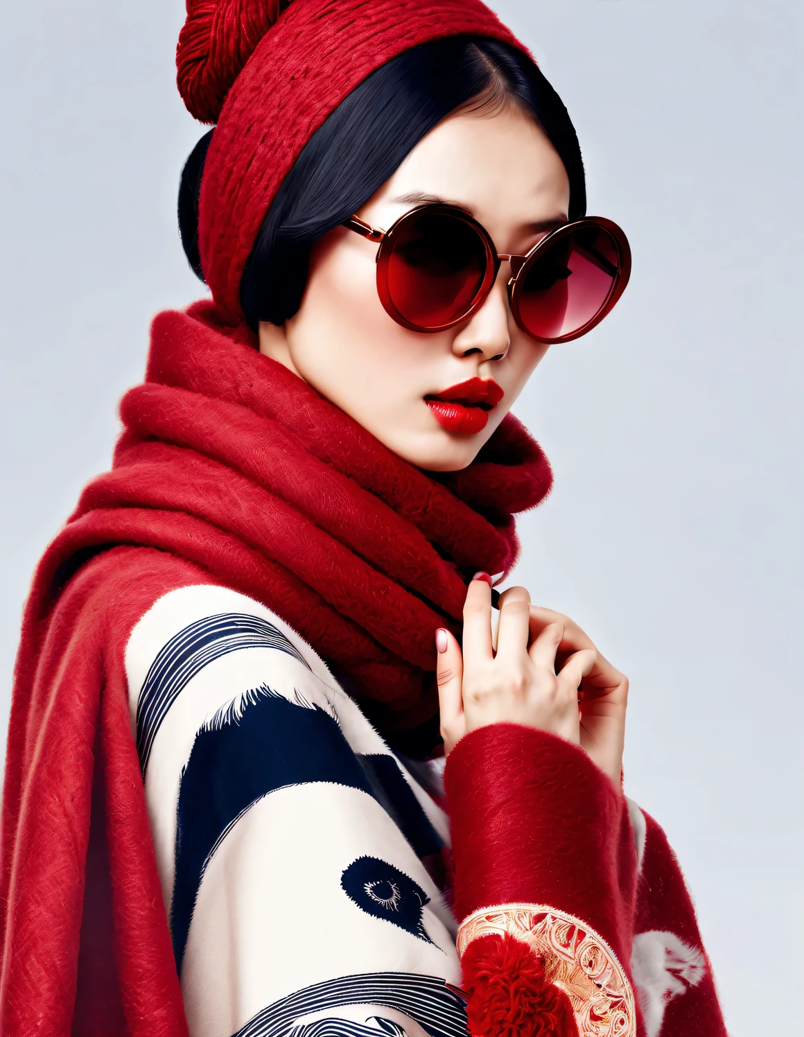 (Modern art fashion character design), Very unified CG, (Half-length close-up), (Beautiful Chinese girl is like a warm lunch box), (Wrapped in a wide red woolen scarf: 1.3), (Wearing large sunglasses: 1.3), and (meatball head: 1.2), a harmonious combination of classic and modern, (Dark Blue Sweater and Jeans: 0.68), Modern and stylish clothing, Elegance, the girl's fair and flawless smooth skin, high nose bridge, and head up posture, Sad and beautiful, slender figure, Exquisite facial features, swirling fog illustration, ink painting, black hair, meatball head, Proud, Surrealism, contemporary art photography, action painting illustration, abstract expressionism, Pixar, depth of field, motion blur, backlight, radiation, decline, Head up angle, Sony FE General Manager, ultra high definition, masterpiece, accurate, textured skin, Super details, high detail, high quality, Award-winning, best quality, Level, 16k, Photographed from a bottom-up perspective, humor,