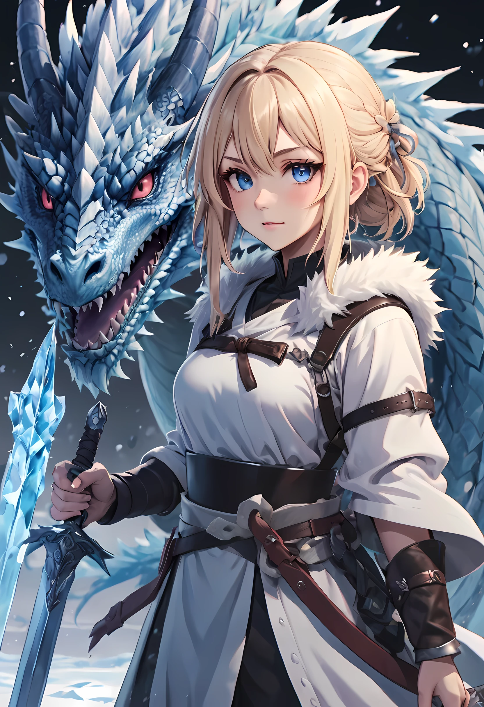 best quality,masterpiece,(Very detailed:1.2),(perfect face:1.3),拿着冰frost sword的漂亮女孩, with ice dragon,Valkyrie in the Art of Demon-Slaying,High-quality animation illustrations,Human and dragon fusion, Anime Fantasy Illustration, fantasy style anime, (giant ice dragon),dragon god,Ice blade,frost sword,Epic Anime Fantasy, anime fantasy artwork, Artoria Pendragon, Demon Slayer: Rui fan art, Detailed digital animation art, Digital animation illustration, Detailed key animation art, Epic light novel art cover, Detailed anime art,  Caricature wallpaper, dragon girl, epic anime style, 2.5D CGI Art,granblue fantasy,Ark Night