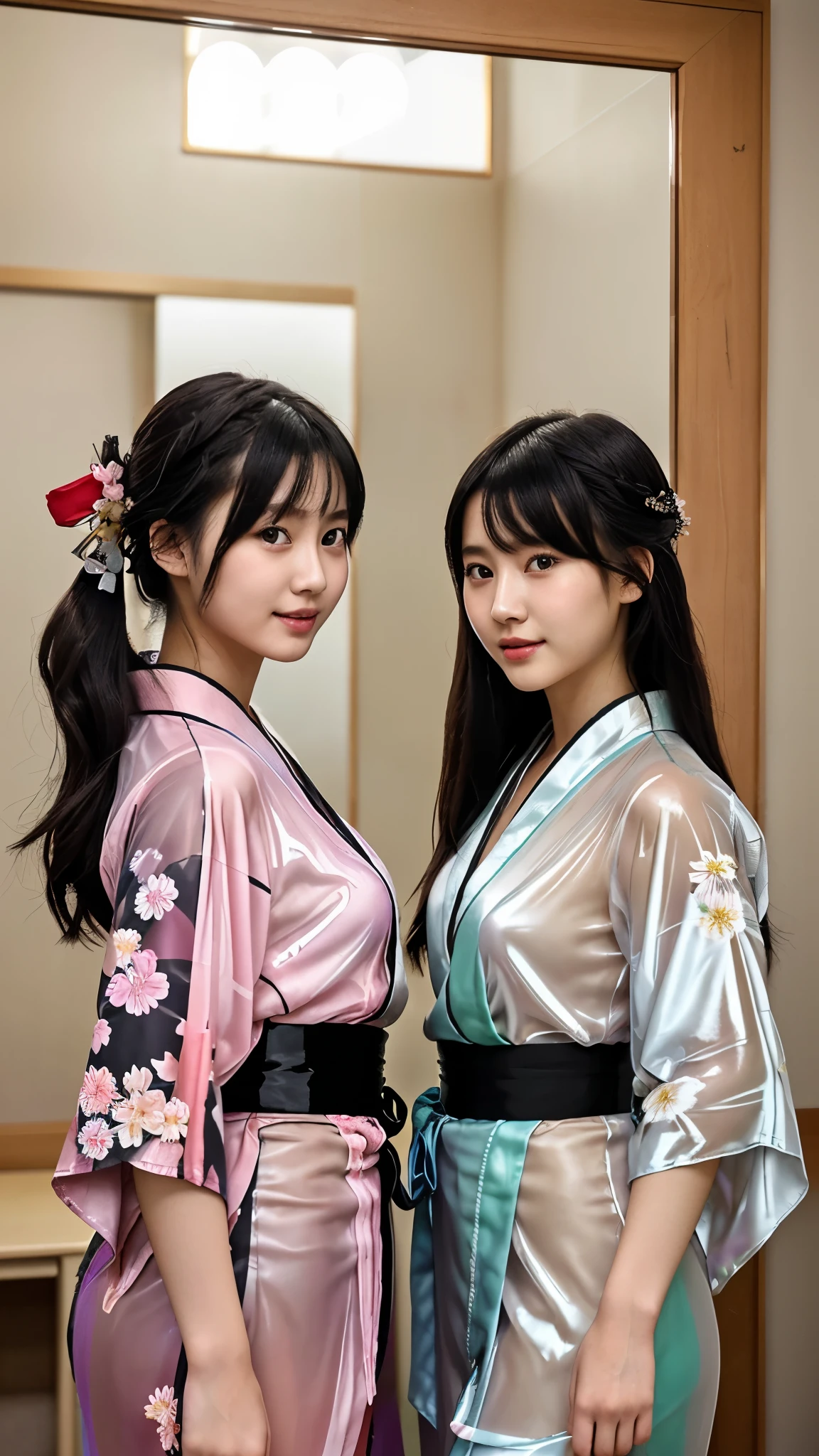 最high quality、high quality、best image quality、8K、最High resolution、High resolution、最high quality、masterpiece、realistic pictures、RAW photo、realistic atmosphere、(detailed face)、(fine hands、thumb1reference4)、(beauty of japan )、very nice face、cute face、((beautiful japanese girl))、(woman), ((18 year old beautiful girl))、(glossy black hair)、(straight long hair)、(ponytail)、whole body、slim style、(shiny skin)、(Fair skin, Glossy skin)、real human skin、realistic human body structure、perfect body, perfect face, perfect hands, perfect fingers, perfect lips, perfect eyes,perfect teeth、perfect background, perfect atmosphere, soft natural light、samurai kimono、maiko kimono、servant、geisha kimono、japanese kimono、Furisode、kimono、Yukata、japanese traditional、((There is a very large mirror in the room.))、((The girl in front of the mirror and the girl behind the mirror are identical twins..))、((The twin girls are facing each other with a mirror between them.))、((twin girls have the same appearance(The same face、same hairstyle、Same body type、Dress the same、Same pose))、((Twin girls are playing and imitating each other(pantomime))、((colorful transparent see-through(flowery kimono、Hakama with side slits))、Angle from a diagonal