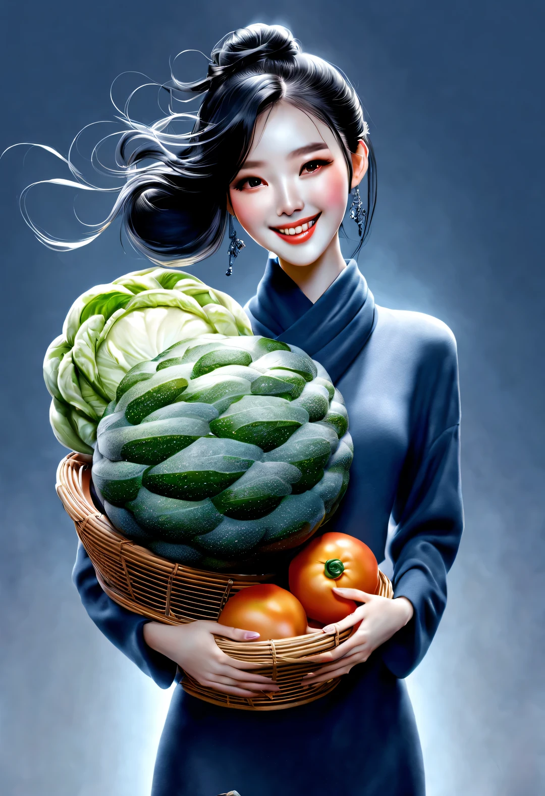 (Modern art fashion character design), Very unified CG, (Half-length close-up), (Beautiful Chinese girl holding a big food basket and smiling softly: 1.37), (Wrapped in a wide red wool scarf: 1.0), (Wearing large sunglasses，Tied in a bun: 0.95), Harmonious combination of classic and modern, (Dark blue sweater and jeans: 0.68), modern fashion outfit, Elegance, Girl fair and flawless smooth skin, high nose bridge, Head up posture, sad yet beautiful, slender figure, Exquisite facial features, swirling fog illustration, ink painting, black hair, meatball head, Proud, Surrealism, contemporary art photography, action painting illustration, abstract expressionism, Pixar, depth of field, motion blur, backlight, radiation, decline, Head up angle, Sony FE General Manager, ultra high definition, masterpiece, accurate, textured skin, Super details, high detail, high quality, Award-winning, best quality, Level, 16k, Photographed from a bottom-up perspective, humor,