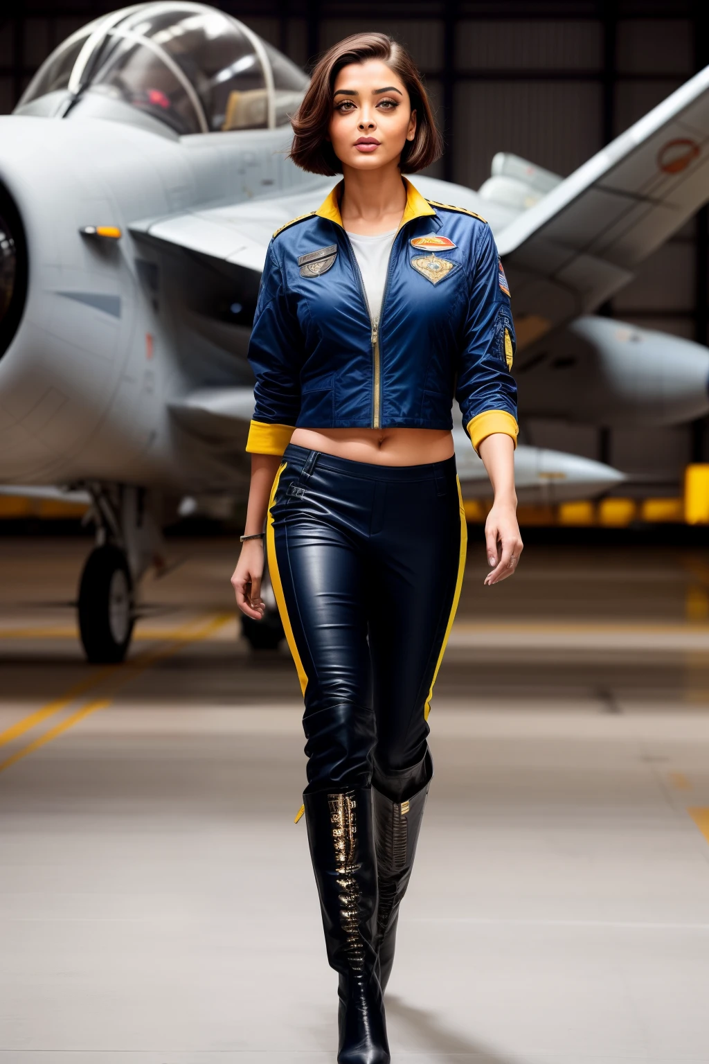 Aishwarya rai as fighter pilot, grey plain pilot uniform, high boots, posing in catwalk in hanger, day scene,  hourglass figure, look at camera (((winking eye))), ((bob cut hair)), sexy 50 yo MILF, soft volumetric lights, intricate details, (ArtStation:1.2)