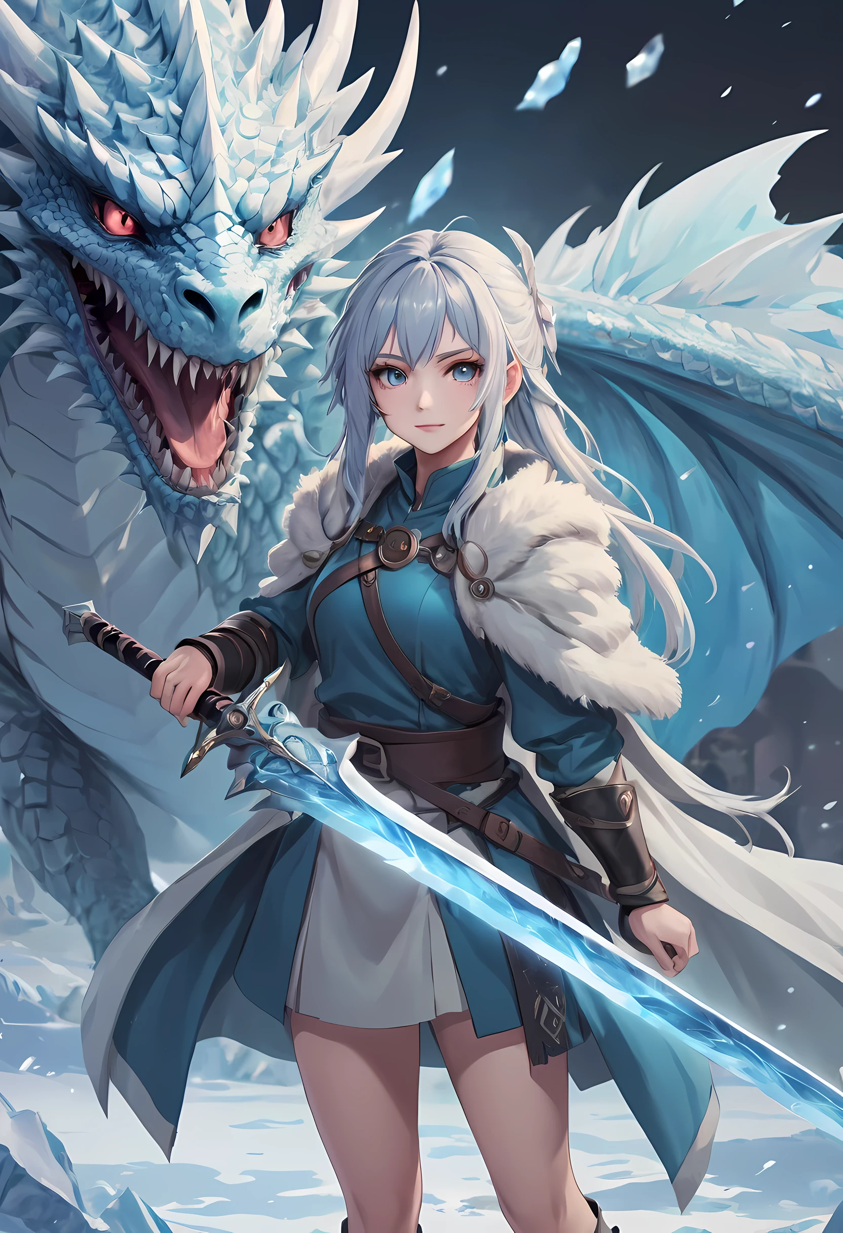 best quality,masterpiece,(Very detailed:1.2),(perfect face:1.3),拿着冰frost sword的漂亮女孩, with ice dragon,Valkyrie in the Art of Demon-Slaying,High-quality animation illustrations,Human and dragon fusion, Anime Fantasy Illustration, fantasy style anime, (giant ice dragon),dragon god,Ice blade,frost sword,Epic Anime Fantasy, anime fantasy artwork, Artoria Pendragon, Demon Slayer: Rui fan art, Detailed digital animation art, Digital animation illustration, Detailed key animation art, Epic light novel art cover, Detailed anime art, Caricature wallpaper, dragon girl, epic anime style, 2.5D CGI Art,granblue fantasy,Ark Night