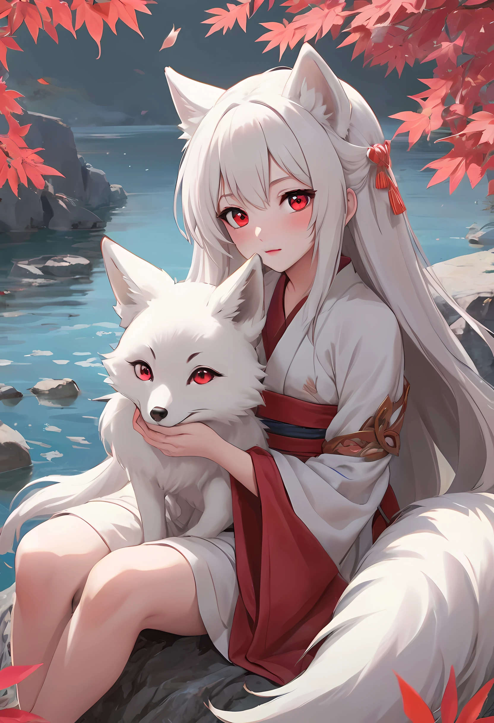 (better quality,masterpiece,high detail),(perfect face:1.5),Anime girl sitting on the rock，A huge crescent moon in the background, 睡着的白毛fox,lake,(Bright Eyes:1.5),(red leaves:1.4),(Details and blessings:1.2),medium shot,anime art wallpaper 8k, anime art wallpaper 4k, anime style 4k, fox, Onmyoji Detailed Art, anime wallpaper 4k,美丽的fox狸, fox狸和灌木, Onmyoji Detailed Art, White-haired God,  白fox动漫,