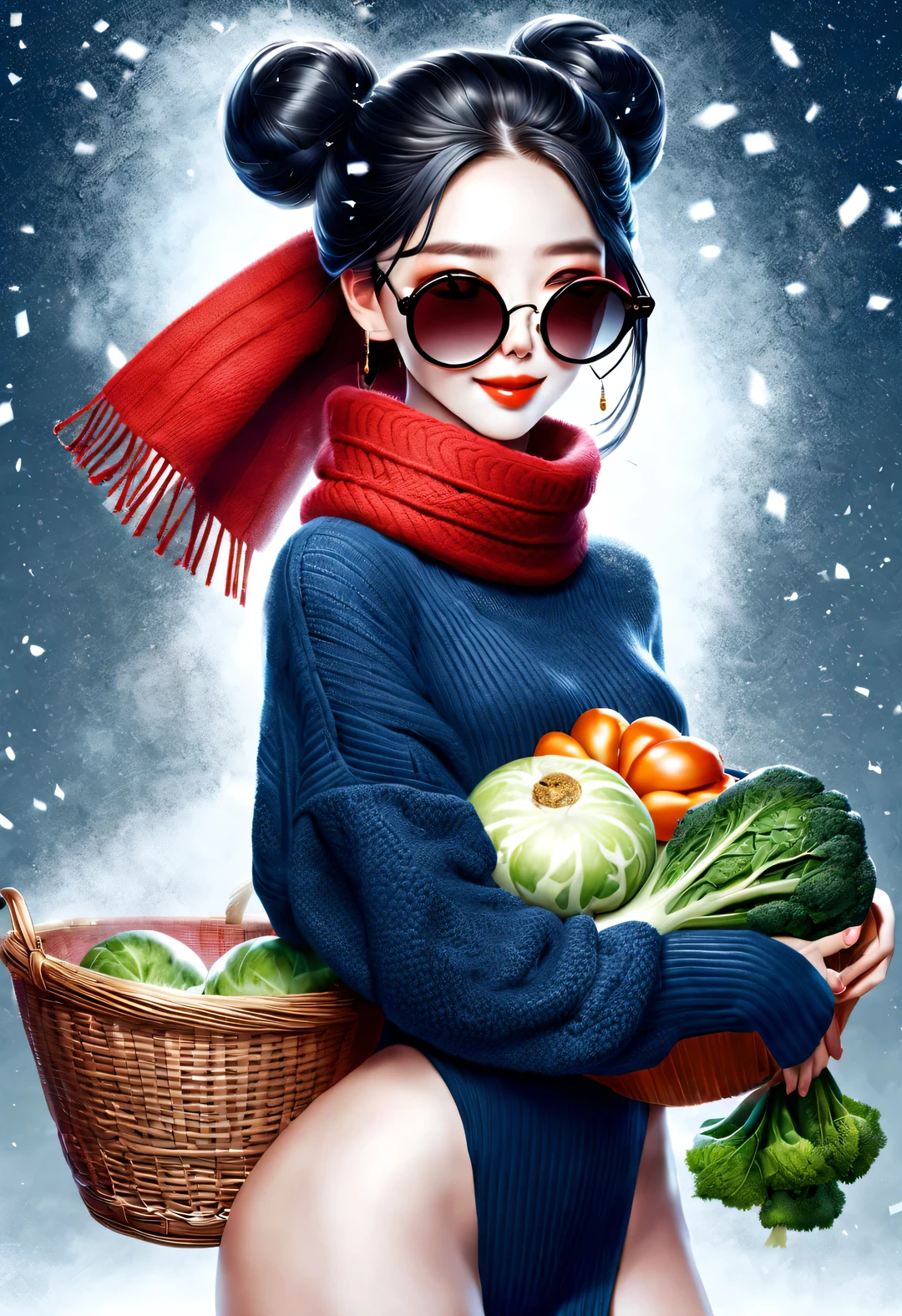 (Modern art fashion character design), Very unified CG, (Half-length close-up), Snowy background,
(A beautiful Chinese girl holds a big vegetable basket，smile softly), (A wide and large red woolen scarf covered half of her face: 1.0), (Wearing large sunglasses，Comb your hair in a bun: 1.2), Harmonious combination of classic and modern, (Dark blue sweater), Girl fair and flawless smooth skin, high nose bridge, Look up, sad yet beautiful, slender figure, Exquisite facial features, swirling fog illustration, ink painting, black hair, MARUNOUCHI, Proud, Surrealism, contemporary art photography, action painting illustration, abstract expressionism, Pixar, depth of field, motion blur, backlight, radiation, decline, Head up angle, Sony FE General Manager, ultra high definition, masterpiece, accurate, textured skin, Super details, high detail, high quality, Award-winning, best quality, Level, 16k, Photographed from a bottom-up perspective, interesting,