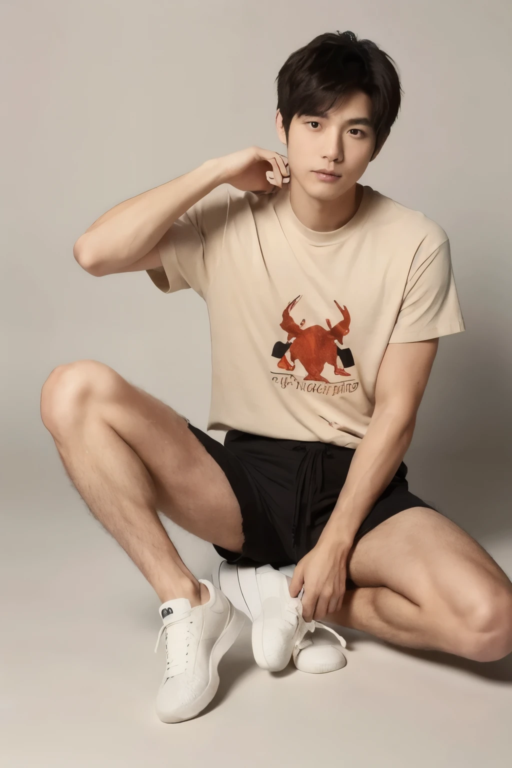 Crab ?????? pose, Are standing, Keep your hands on your knees, ((hairy legs)), (super sharp focus), (whole body), toned legs, two block, messy shortt hair, long legs, Japan Male, 27 years old, wearing beige shorts, wearing a t-shirt, very short hair, black hair