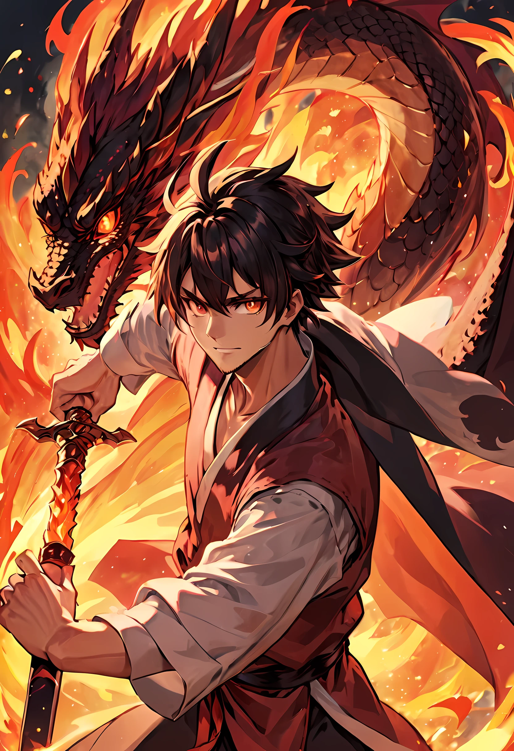 (best quality,masterpiece),(Very detailed:1.2),(perfect face:1.3),Handsome man holding flaming sword,Surrounded by Eastern Fire Dragons,fighting stance,Handsome guy in the art of slaying demons,High-quality animation illustrations,Human and dragon fusion, Anime Fantasy Illustration, fantasy style anime, (Giant fire dragon), person with dragon soul,dragon god,Fire Mage,fire blade,Epic Anime Fantasy, anime fantasy artwork