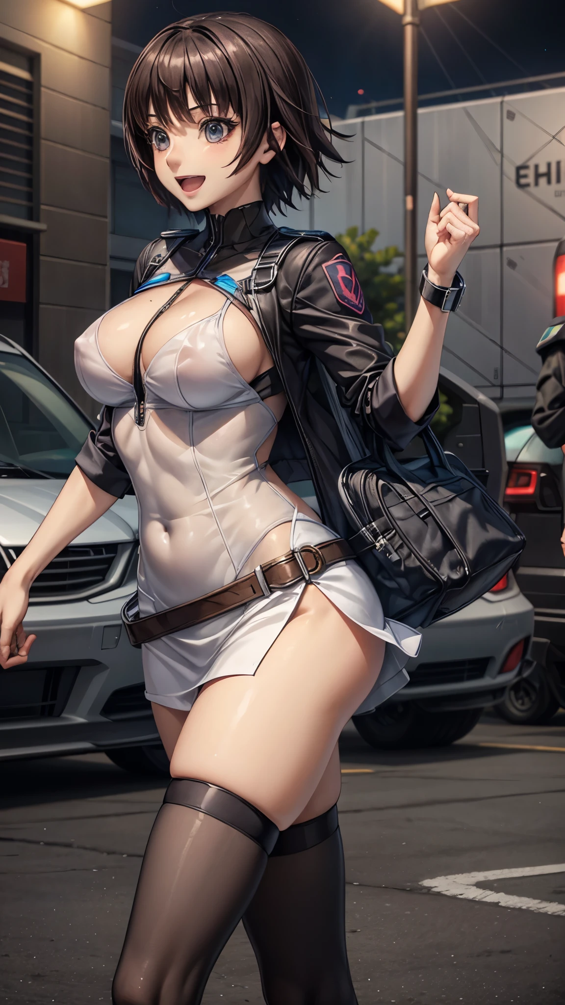 A woman with long black hair and a woman with short blonde hair,20-year-old,,city,night,white tight miniskirt bodysuit,(Harada Makoto),open mouth smile((See-through)),