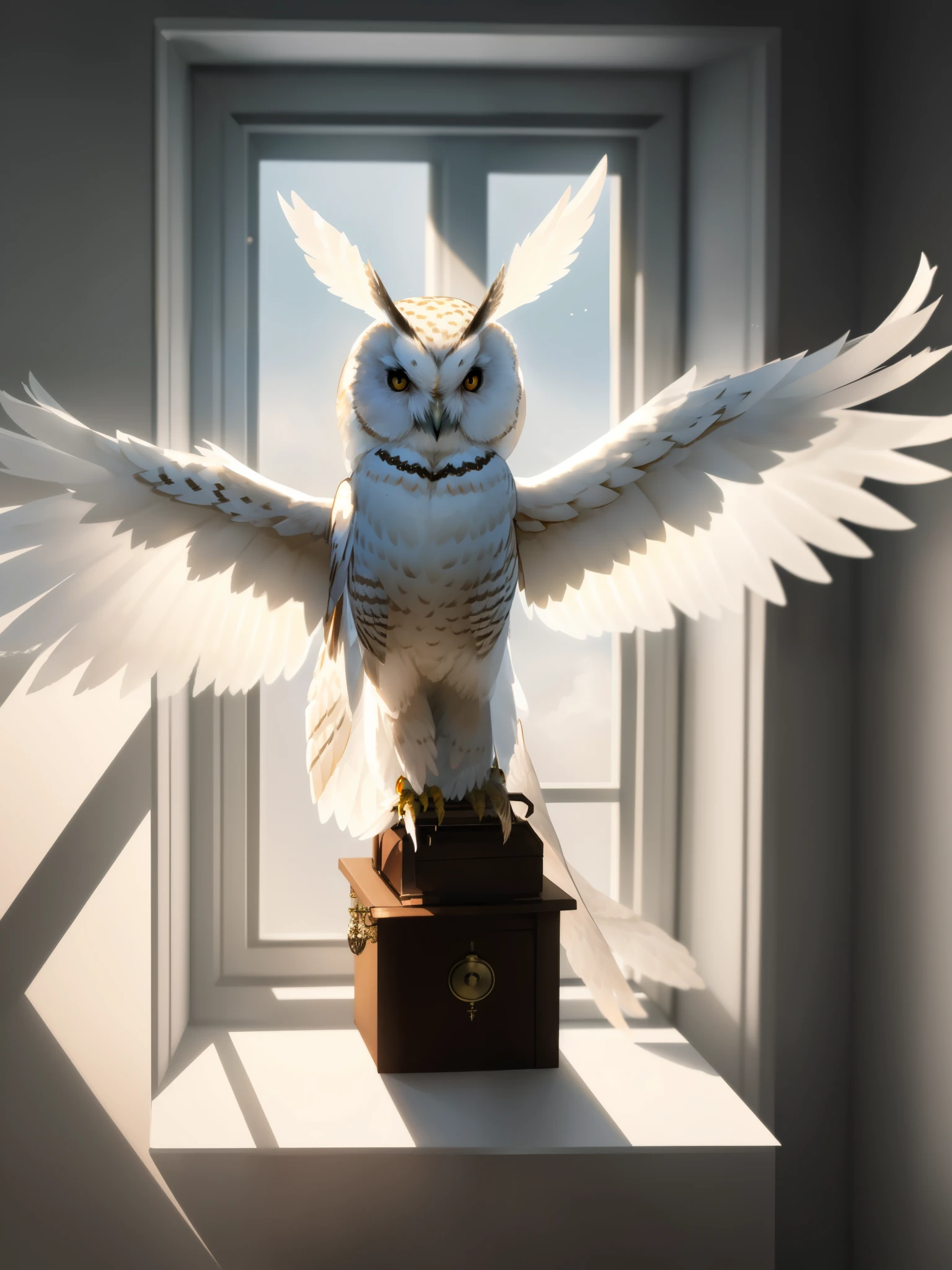 there is a white owl sitting on window sill, hyperrealistic owl, highly realistic photograph, radiant owl, barn owl symbol in chest, hyperrealistic 3d digital art, hyperrealistic 3 d digital art, highly realistic photo, glowing white owl, highly realistic photography, inspiring birds eye vista view, ophanim has bird wings, creative photo manipulation, Owls only have one pair of wings, The body proportions of real birds