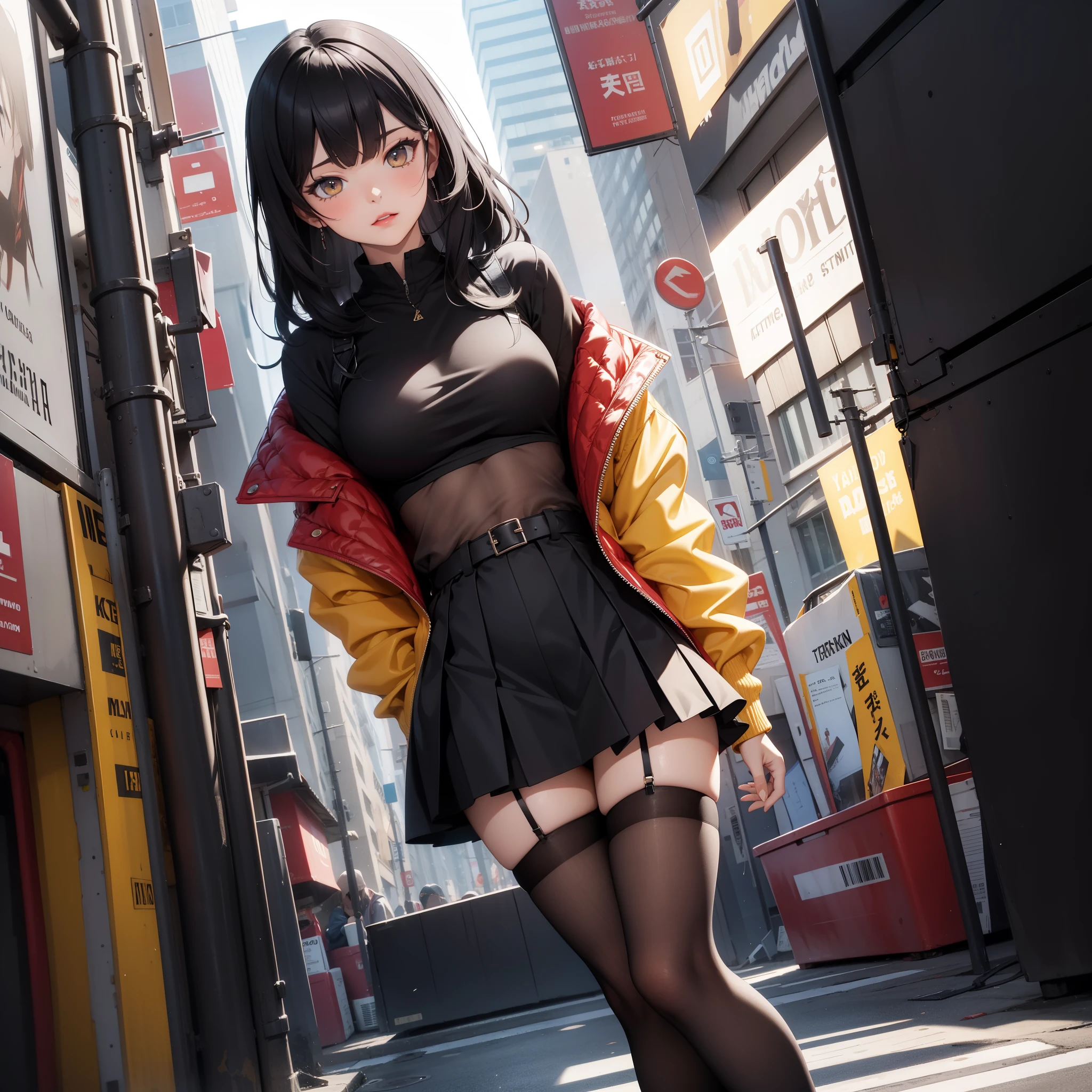 Young woman, sexy, black hair, On the street, black open panties, black turtleneck