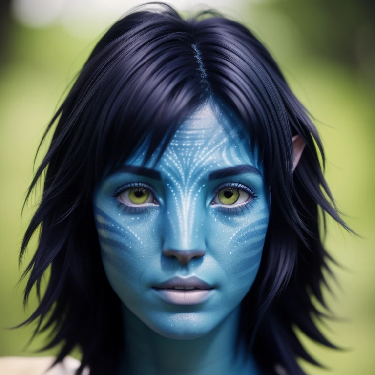 avtr:1.1, avatar style, portrait:1.6, 1girl, female, (blue skin tone:1.0), (short hair:1.0), one pair of pointy ears:1, pixie cut hairstyle, dark brown hair color, 18 years old:1, face wrinkles, wearing tribal clothing, wearing a top, detailed eyes, toned body, muscled body, glowing, ethereal atmosphere, dreamy lighting, textured skin, otherworldly beauty, mesmerizing photography, (best quality, highres), ultrarealistic, skin details, striped skin, sfw, ultradetailed body