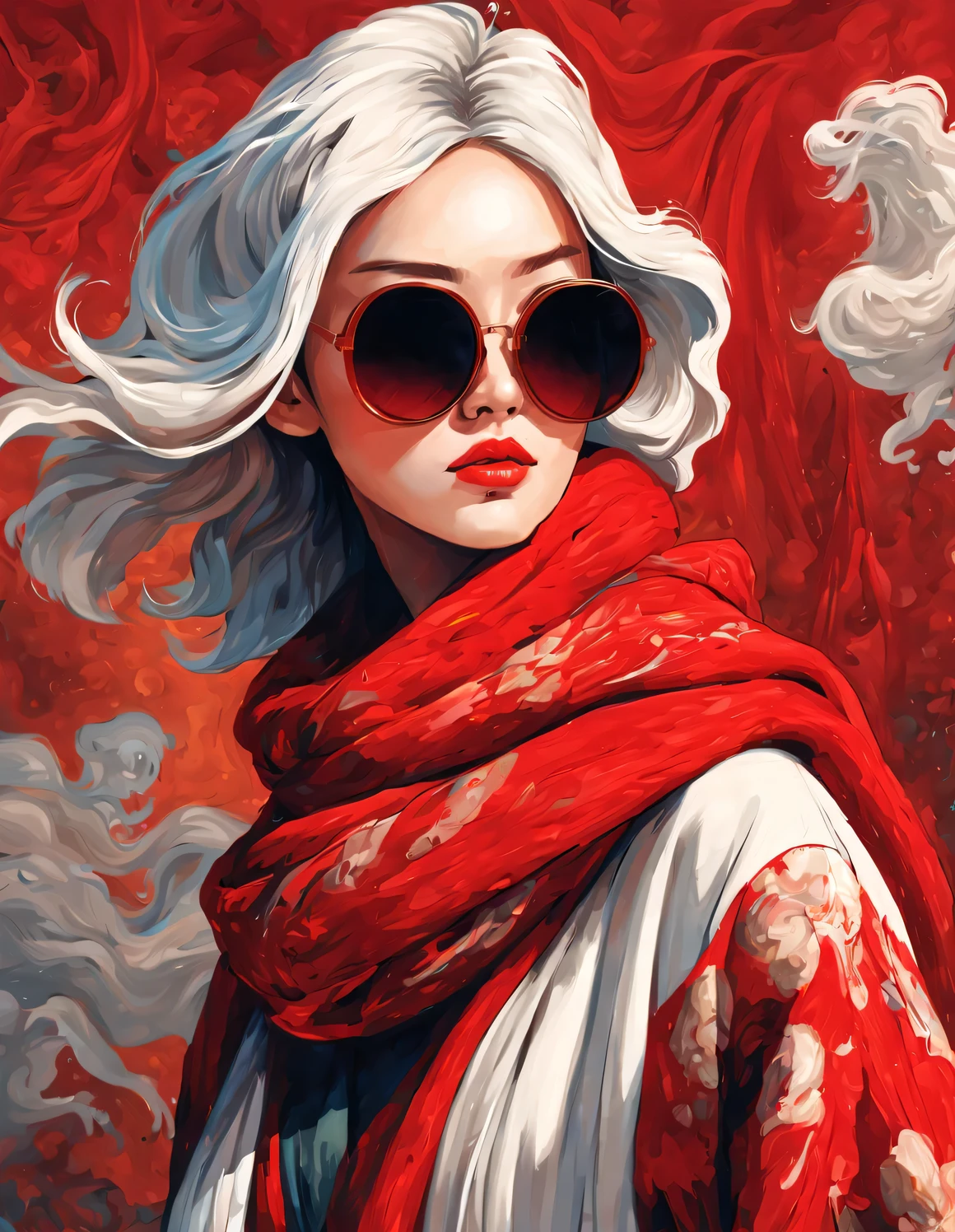 (Modern art fashion character design), Very unified CG, (Half-length close-up), (Beautiful Chinese girl is like a warm lunch box), (Wrapped in a wide red woolen scarf: 1.3), (Wearing large sunglasses: 1.3), and (meatball head: 1.2), a harmonious combination of classic and modern, (Dark Blue Sweater and Jeans: 0.68), Modern and stylish clothing, Elegance, the girl's fair and flawless smooth skin, high nose bridge, and head up posture, Sad and beautiful, slender figure, Exquisite facial features, swirling fog illustration, ink painting, black hair, meatball head, Proud, Surrealism, contemporary art photography, action painting illustration, abstract expressionism, Pixar, depth of field, motion blur, backlight, radiation, decline, Head up angle, Sony FE General Manager, ultra high definition, masterpiece, accurate, textured skin, Super details, high detail, high quality, Award-winning, best quality, Level, 16k, Photographed from a bottom-up perspective, humor,