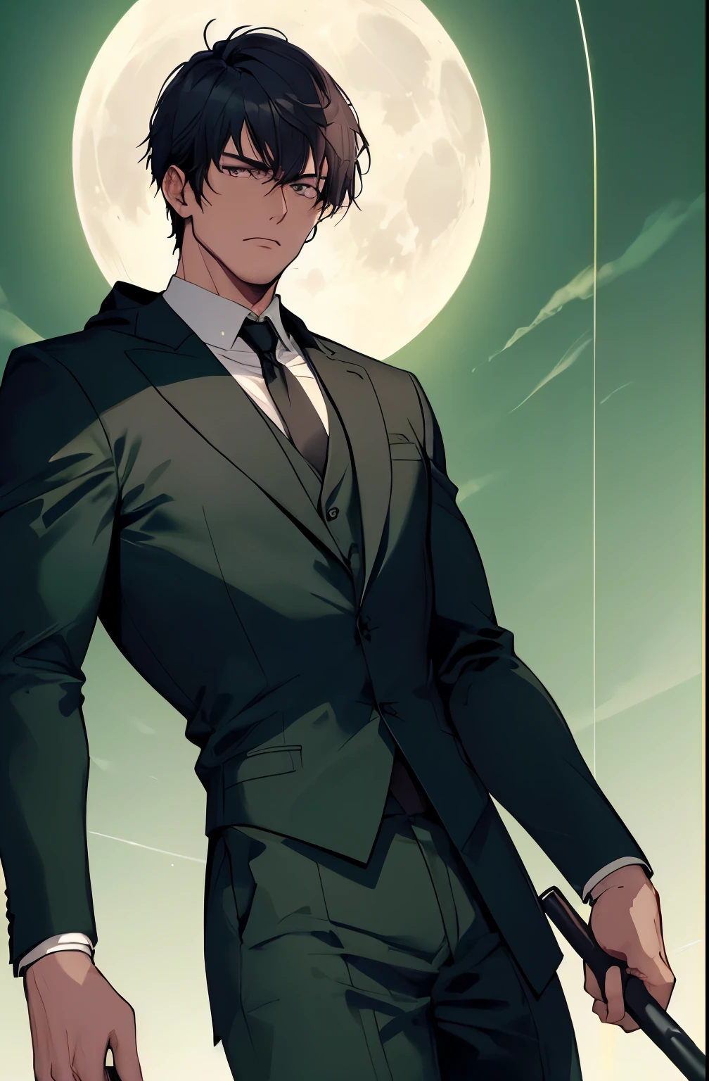 moon, highest quality, Learn more, masterpiece, 1 man, 30 years old, male focus, alone, green background, bangs,assassin man in black hooded suit, half mask, purple eyes, sharp gaze, short hair, black hair, collared shirt, looking at the viewer, giggle, Gorgeous, 8K, be familiar with, ray tracing, Depth of bounds written, cinematic lighting, Brown and green, simple green line, simplified.
