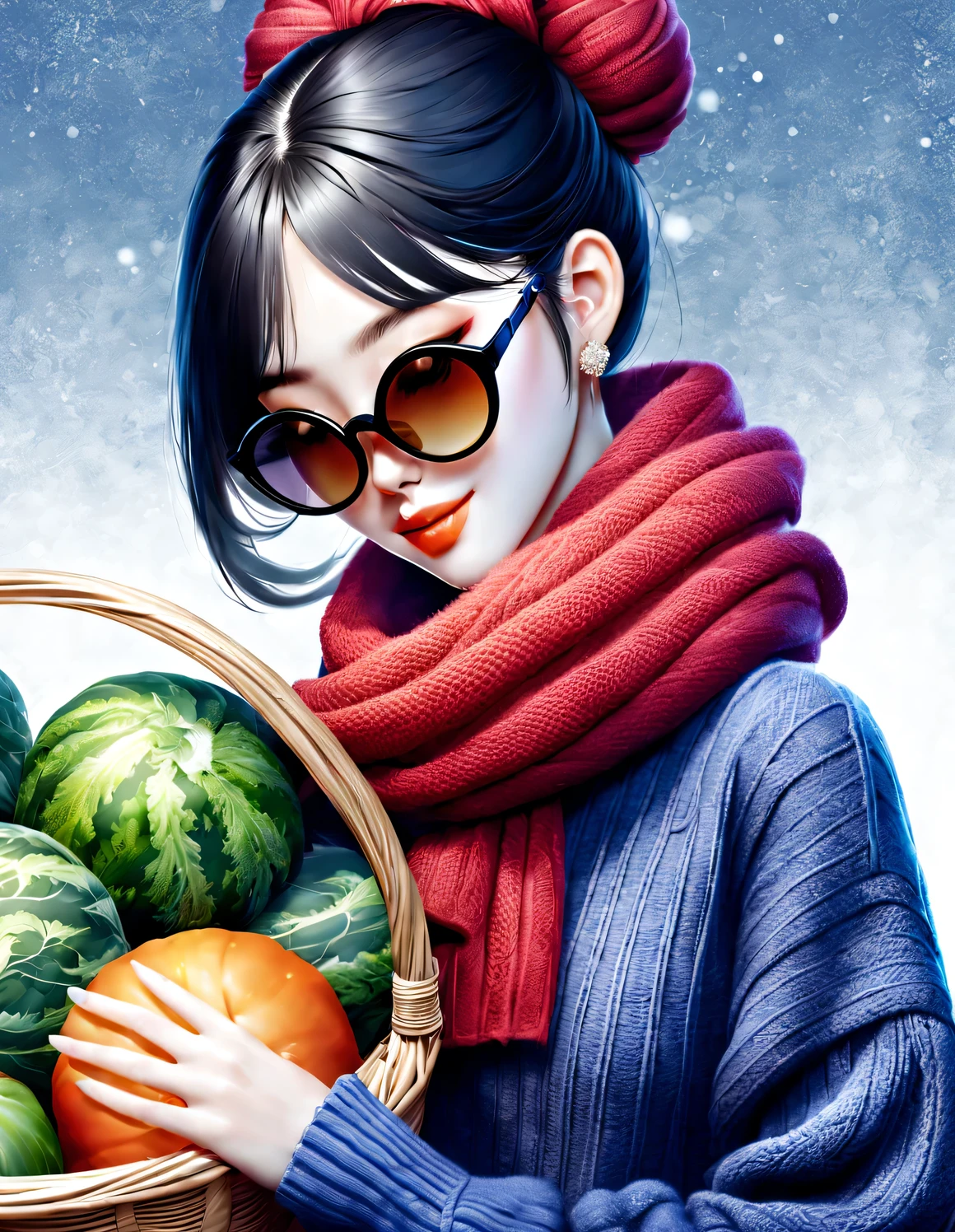 (Modern art fashion character design), Very unified CG, (Half-length close-up), Snowy background,
(A beautiful Chinese girl holds a big vegetable basket，smile softly), (A wide and large red woolen scarf covered half of her face: 1.0), (Wearing large sunglasses，Comb your hair in a bun: 1.2), Harmonious combination of classic and modern, (Dark blue sweater), Girl fair and flawless smooth skin, high nose bridge, Look up, sad yet beautiful, slender figure, Exquisite facial features, swirling fog illustration, ink painting, black hair, MARUNOUCHI, Proud, Surrealism, contemporary art photography, action painting illustration, abstract expressionism, Pixar, depth of field, motion blur, backlight, radiation, decline, Head up angle, Sony FE General Manager, ultra high definition, masterpiece, accurate, textured skin, Super details, high detail, high quality, Award-winning, best quality, Level, 16k, Photographed from a bottom-up perspective, interesting,