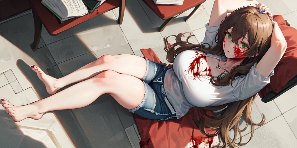 (Lie on the ground), Lisa, genshin impact, 1 girl, alone, ((white shirt)), barefoot, big breasts, cleavage, uniform, office background, ((Killed)), ((From above)), (cinematic lighting), (Put your arms on the ground), (Bloody ground), dutch angle, ((blood on the ground)), ((Bloody Body)), ((rape face)), (((horror))), tight denim shorts, office, hair between eyes, messy hair, large chest, long hair, brown hair, red short nails, green eyes, alone, ((Thin knees, thick thighs)), very long hair, ((masterpiece)), classroom, board, class board, Slender, mature woman