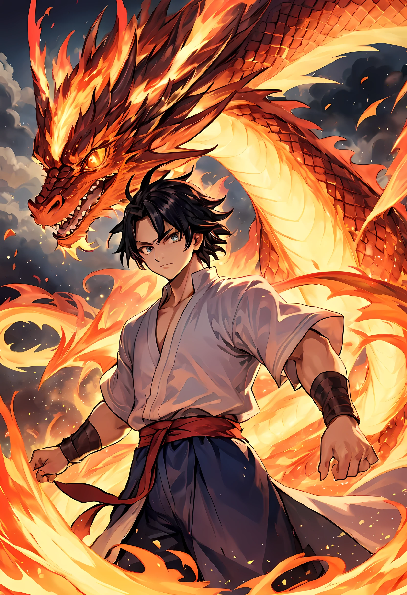 (best quality,masterpiece),(Very detailed:1.2),(perfect face:1.3),Handsome man surrounded by oriental fire dragons,fighting stance,Handsome guy in the art of slaying demons,High-quality animation illustrations,Human and dragon fusion, Anime Fantasy Illustration, fantasy style anime, (Giant fire dragon), (person with dragon soul:1.2),dragon god,(Fire Mage), Epic Anime Fantasy, anime fantasy artwork